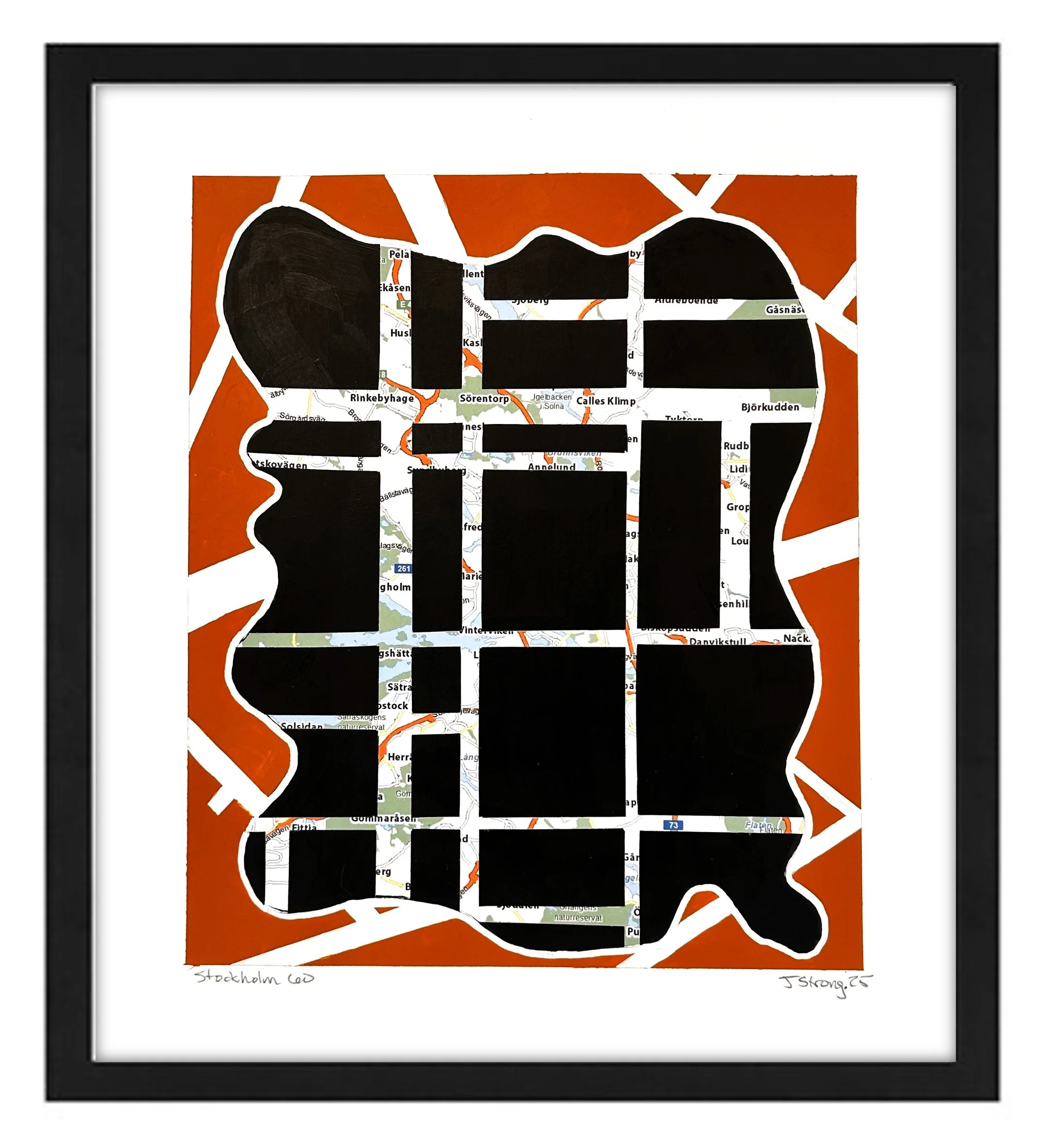 A framed artwork featuring a silhouette of a person's profile filled with a map of Stockholm, Sweden. The artwork has an orange background and includes handwritten text at the bottom indicating "Stockholm 60" and the artist's signature "J. Strong 25"