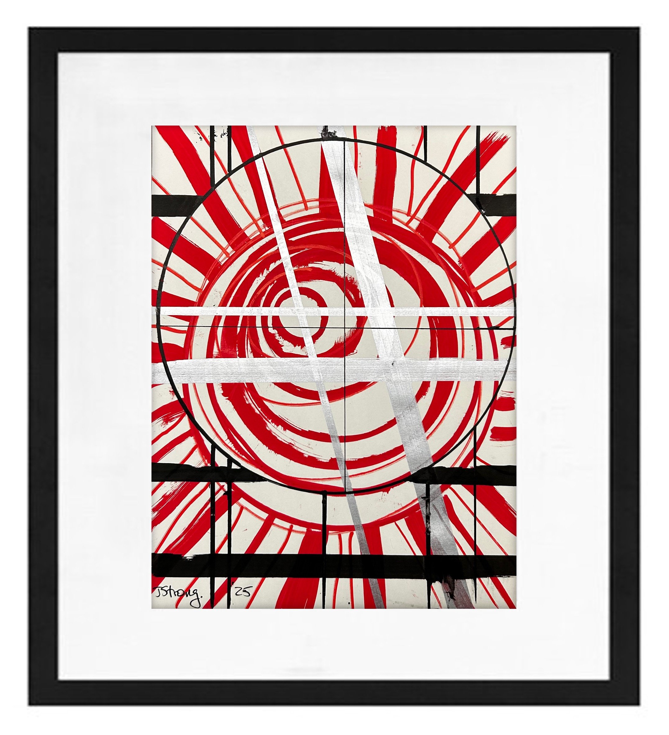 Abstract modern artwork featuring red spirals and lines with black grid and frame, signed by J. Strong, dated 2025.