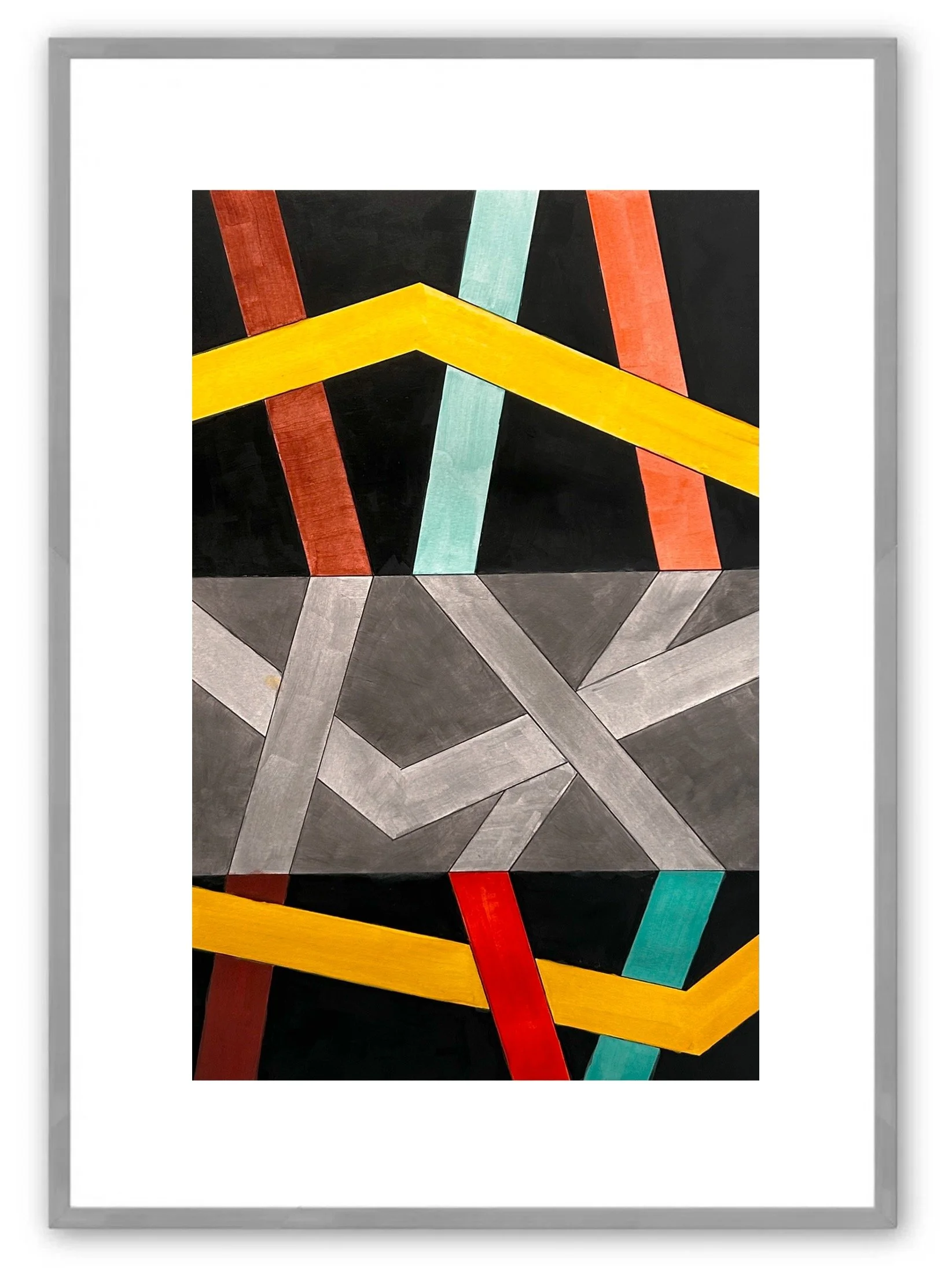 Abstract painting with colorful geometric shapes, including yellow, red, green, beige, and black, on a patterned tiled background.