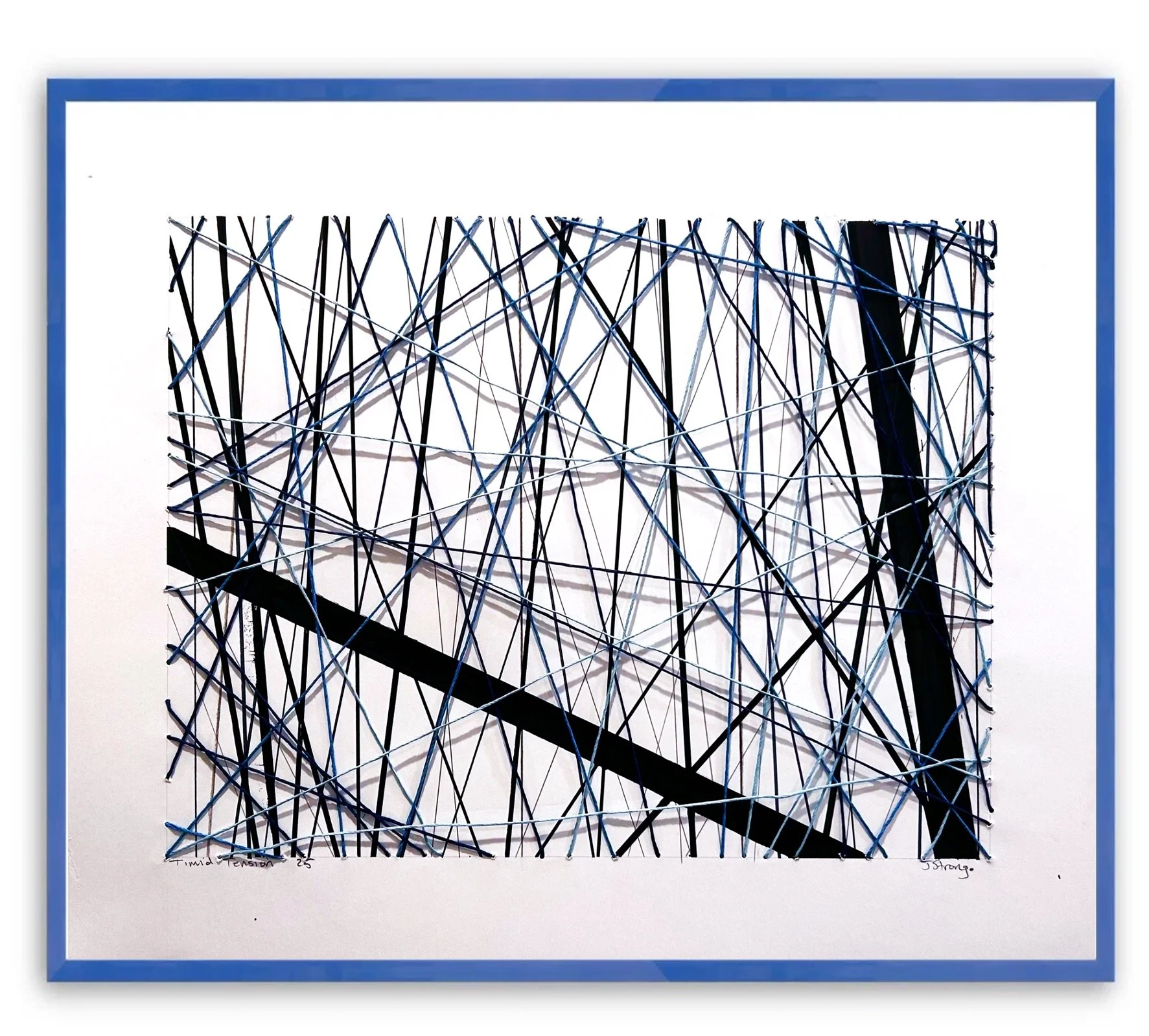 Abstract line art with black, blue, and gray intersecting lines on a white background, framed in blue.