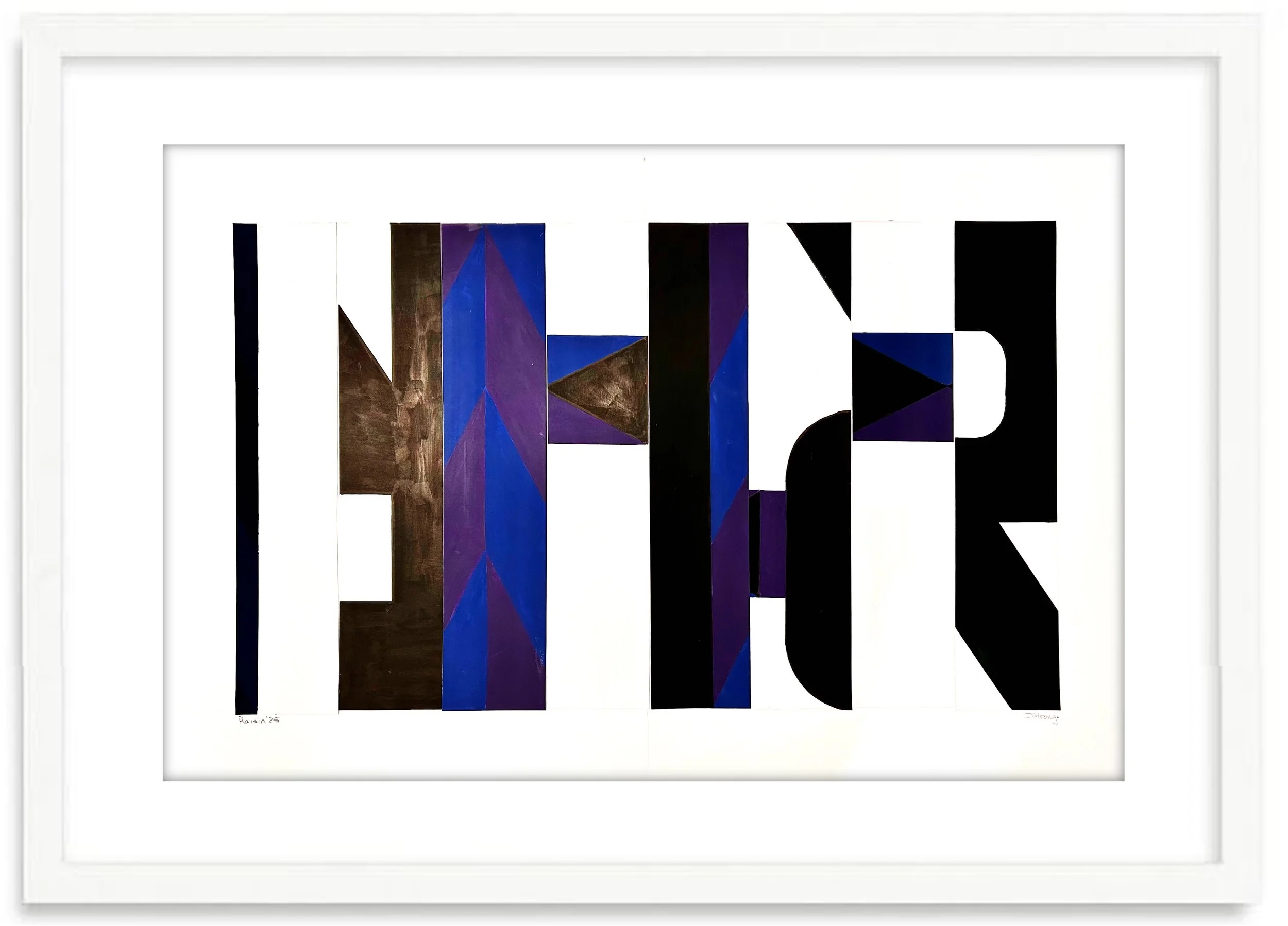 Abstract artwork with geometric shapes and bold colors including purple, black, and blue, arranged vertically.