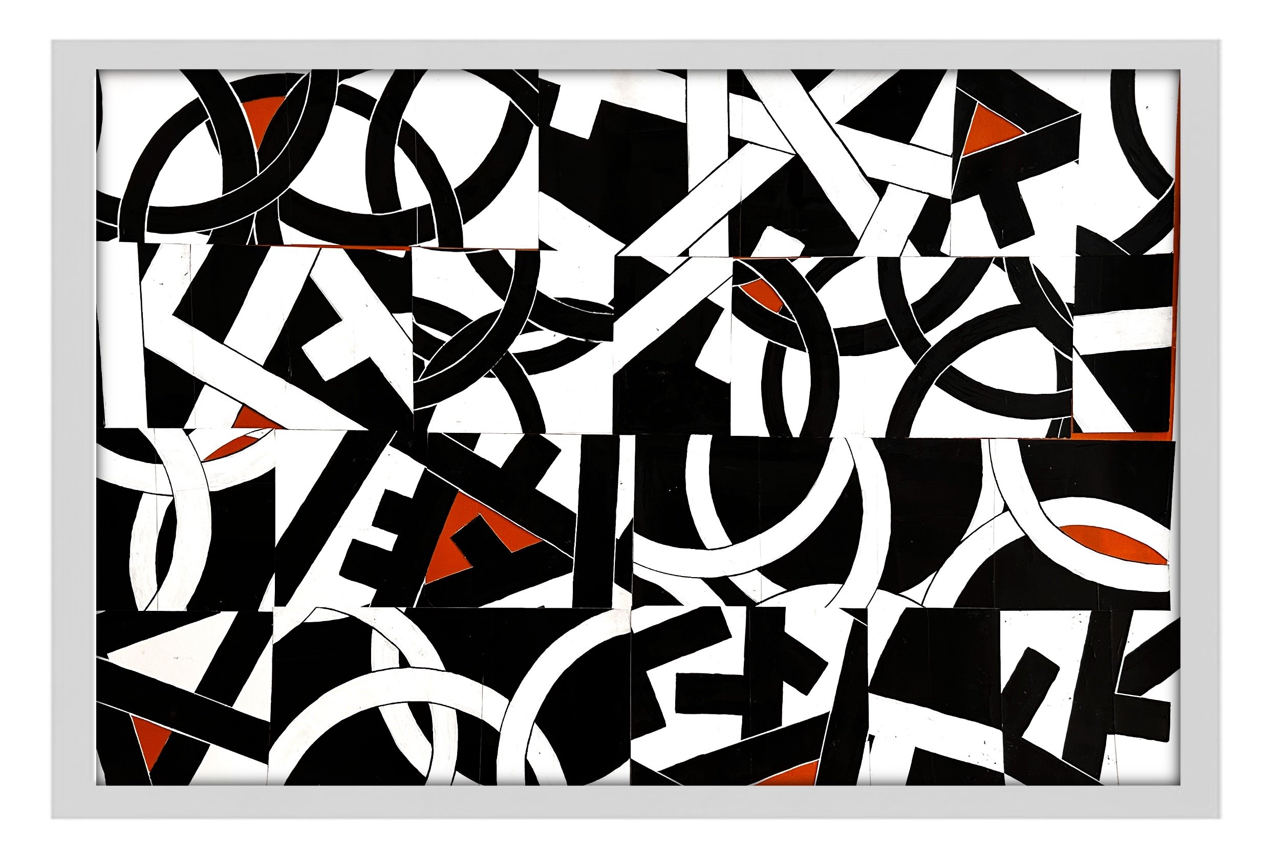 Abstract black and white geometric pattern with orange accents framed in a gray border.