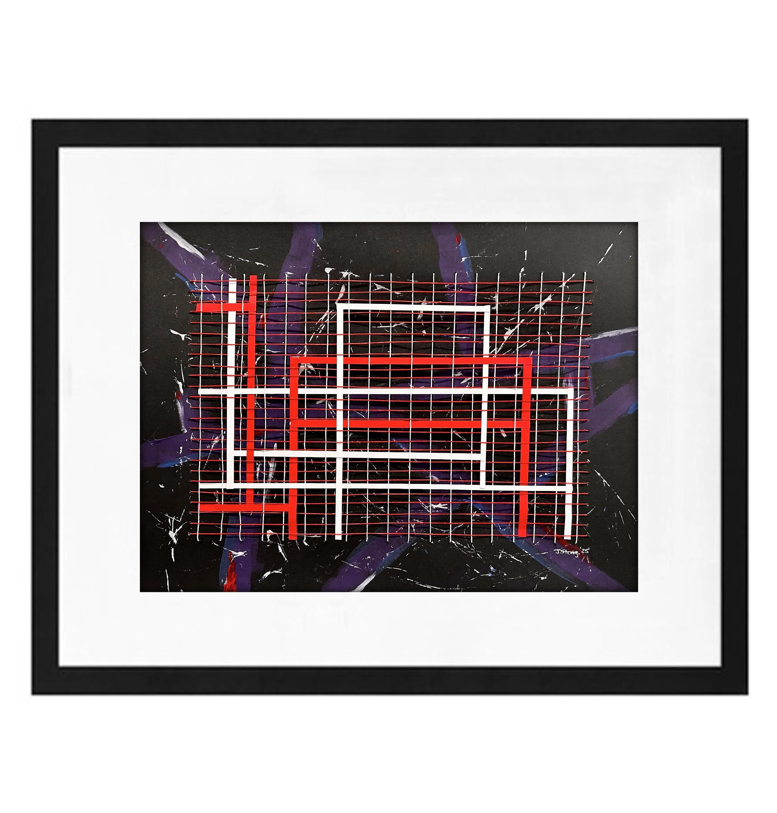 Abstract artwork featuring black background with white and purple paint splatters, a red grid overlay, and black framing.