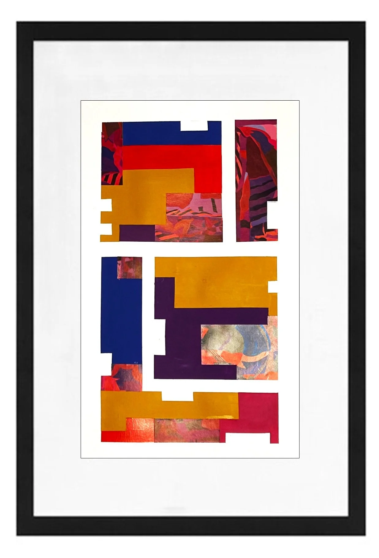 Geometric Abstraction. Abstract colorful collage artwork with various geometric shapes and vibrant patterns framed in black and white.