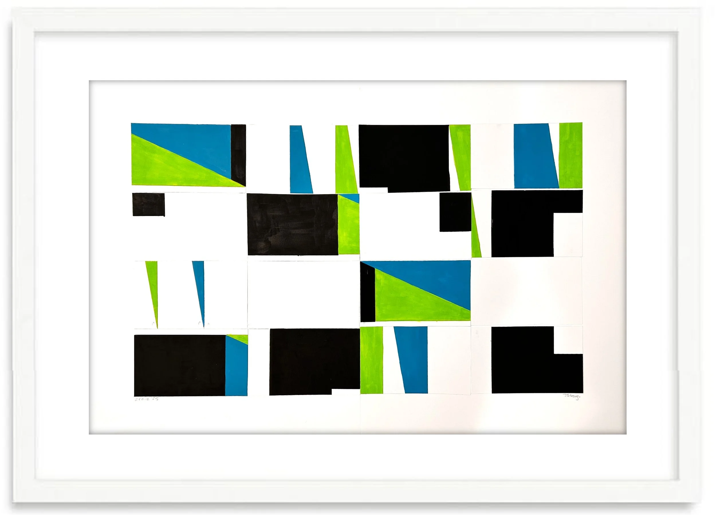 Abstract modern art piece with squares and rectangles in black, blue, and green on a white background.