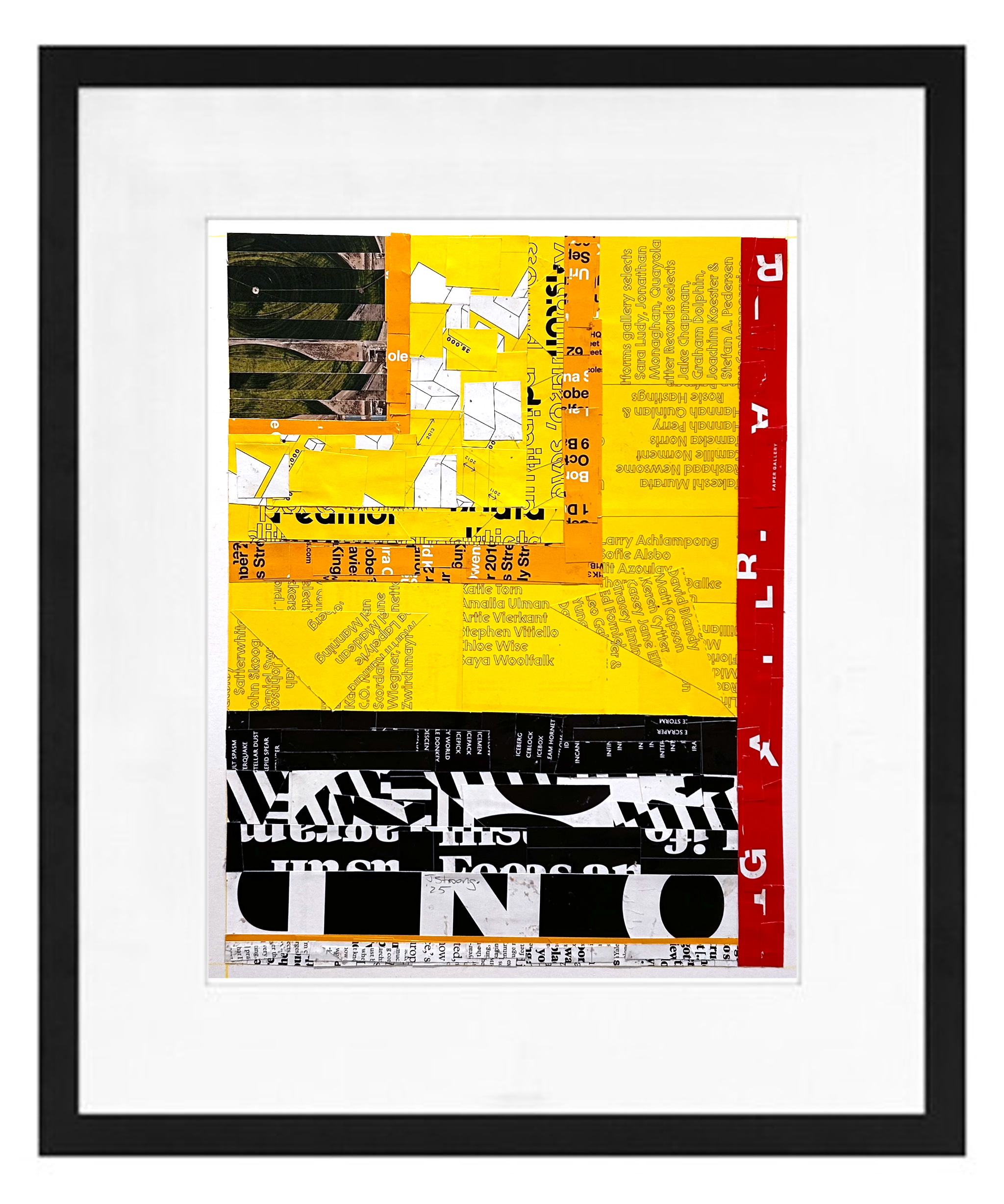 This image features a framed collage or layered book cover design with multiple overlapping sections of text and images, primarily in yellow, black, white, and red colors.