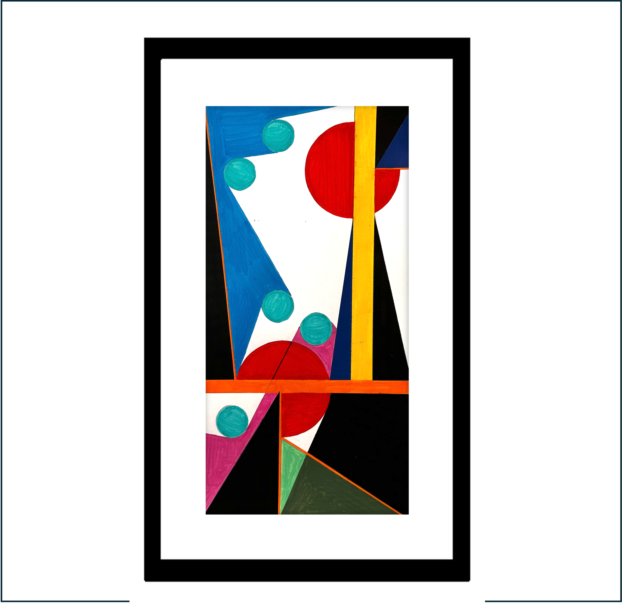 Abstract geometric painting with a black frame, featuring bright colors like red, yellow, blue, pink, and green, with circles, triangles, and lines.