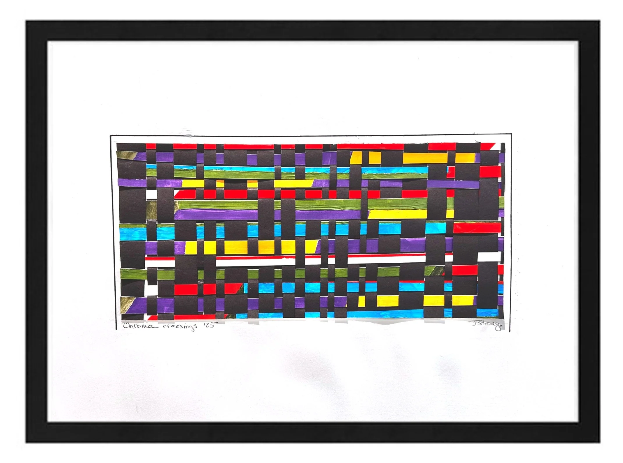 Colorful artwork featuring a landscape with blue sky and green fields, arranged in a mosaic pattern with black, red, yellow, purple, and blue rectangular pieces, within a black border.