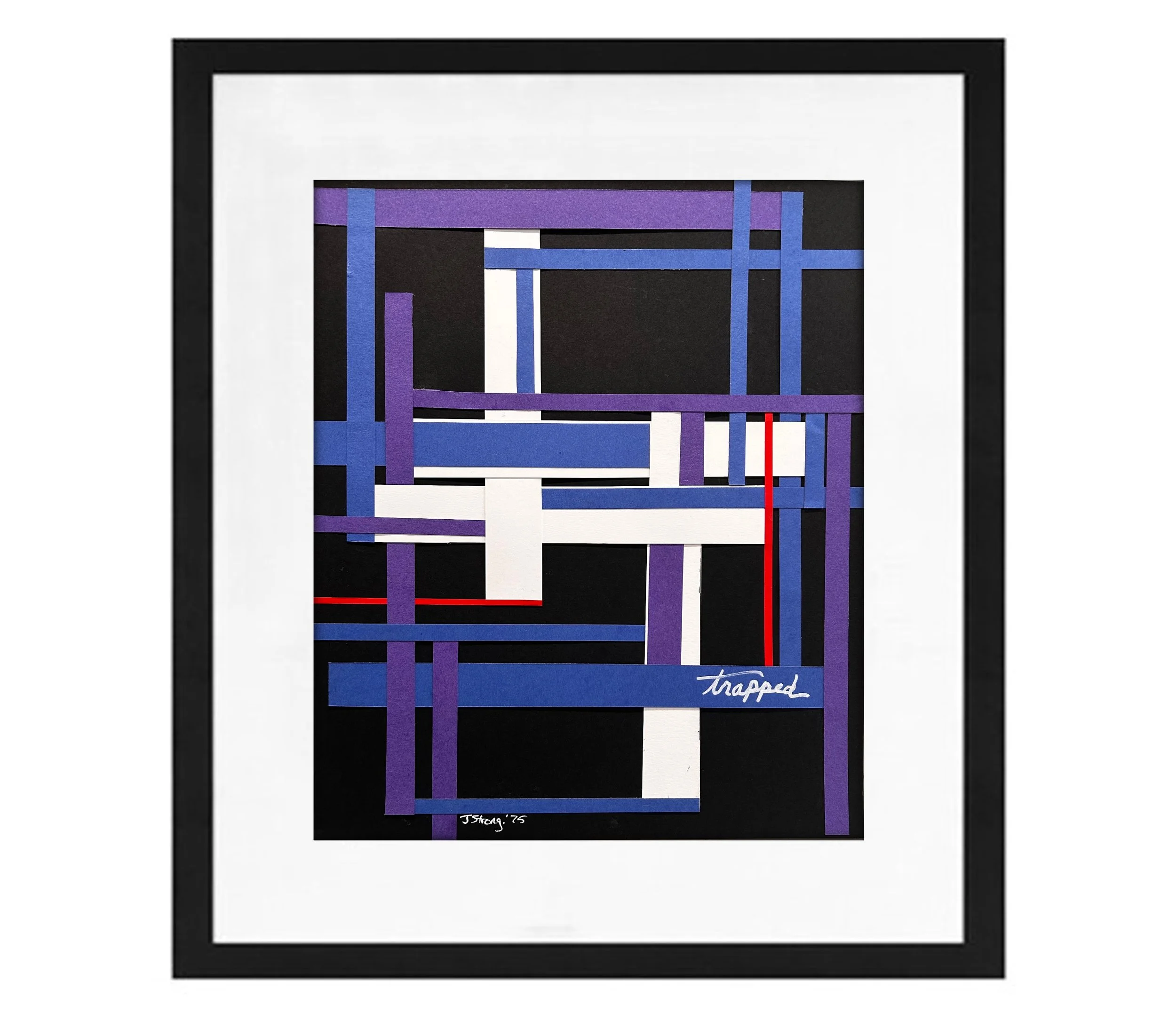 Abstract artwork featuring a black background with purple, blue, white, and red rectangles and lines arranged in a geometric pattern. The word 'trapped' is written in white cursive at the bottom right corner.