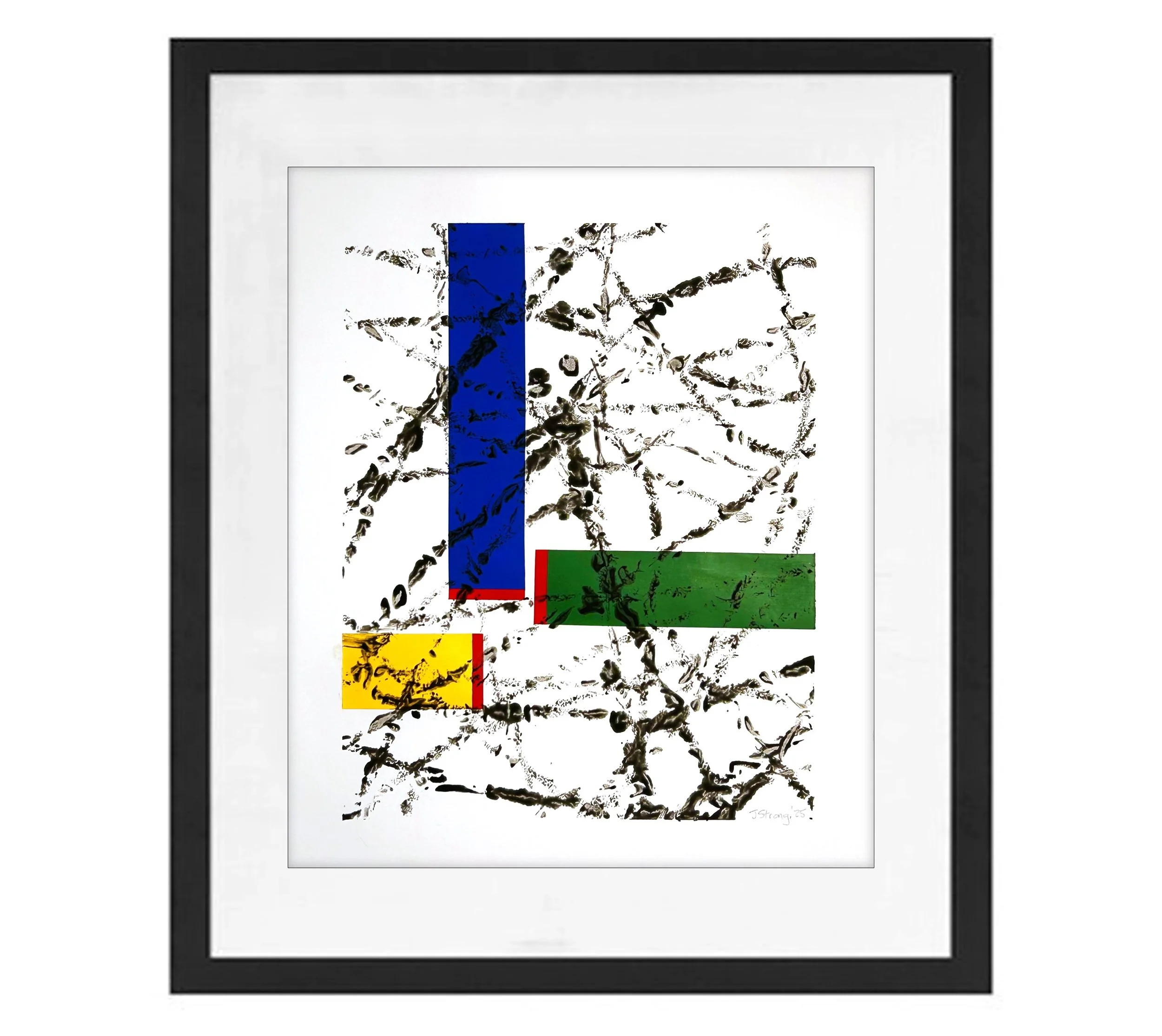 Geometric Abstraction. Abstract artwork with black ink splatters and brushstrokes, featuring red, green, and yellow blocks at the bottom, enclosed in a black frame.