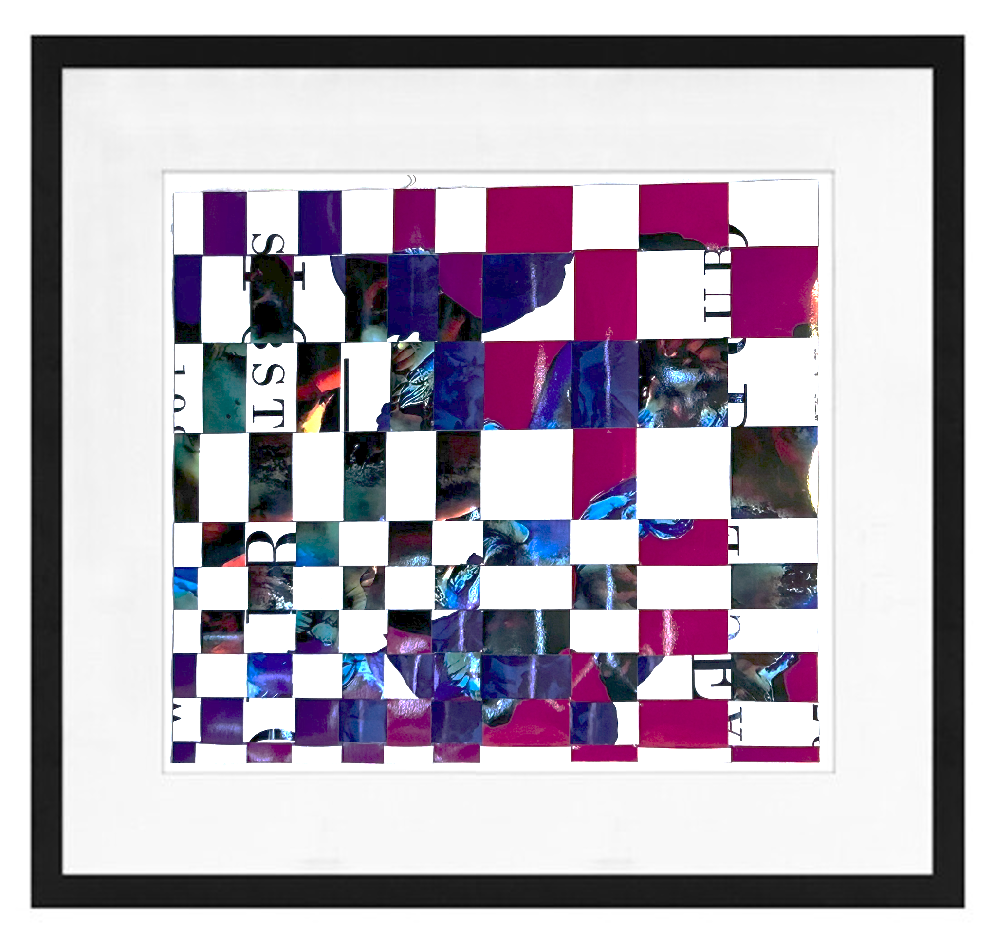 A distorted, pixelated photograph of a framed picture with a checkerboard pattern of purple, black, and white squares and some text, combined with reflective, shimmering materials and possibly some clothing or fabric elements.