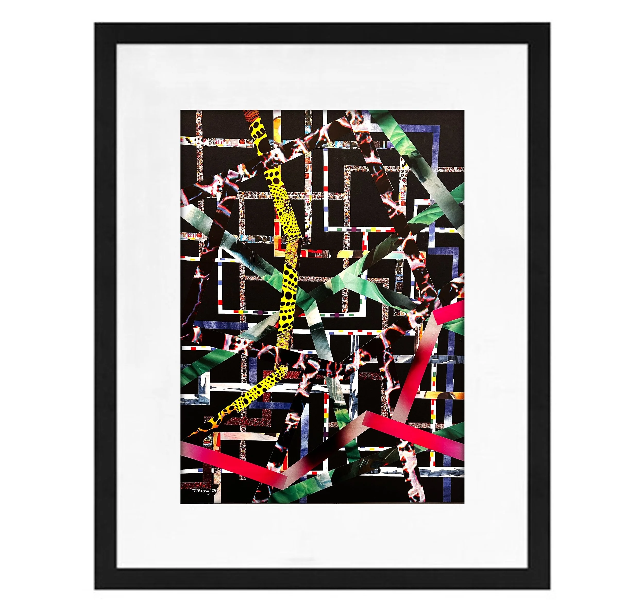 A colorful, abstract collage artwork with layered geometric shapes, patterns, and textures framed by a black and white border.