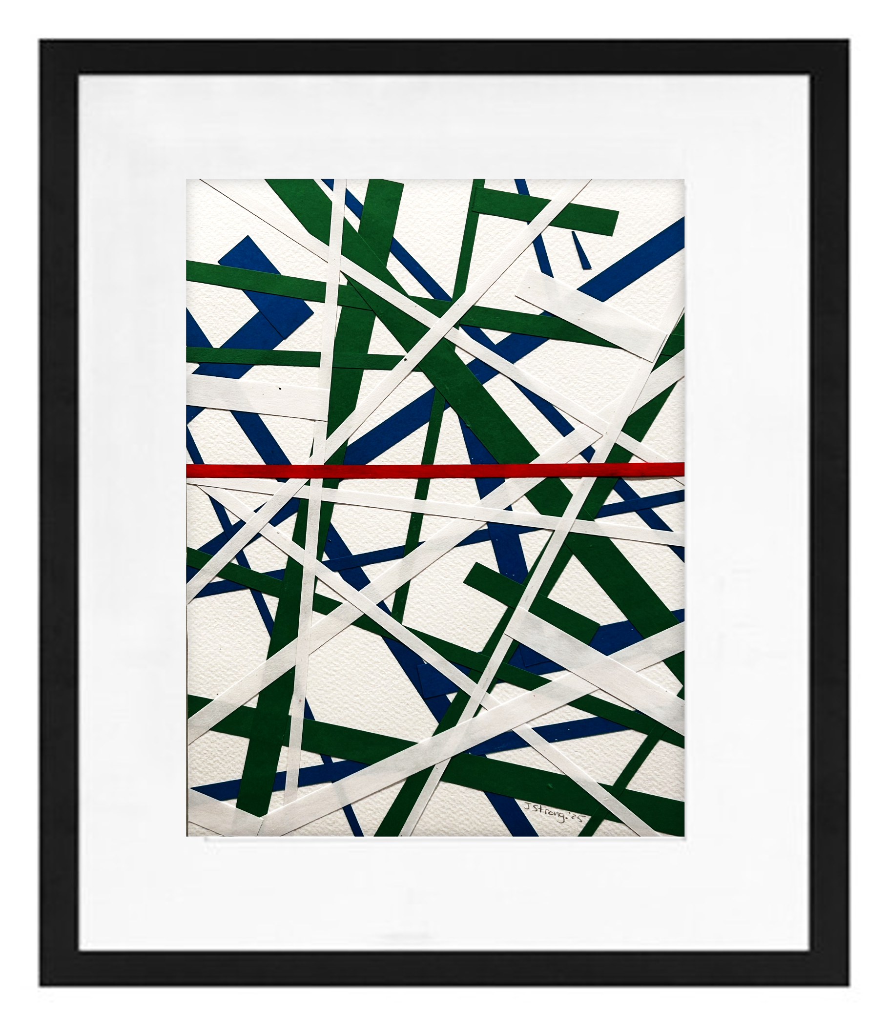 Abstract collage of overlapping colored paper strips in green, blue, and white, arranged randomly on a white textured background, bordered by a black frame.