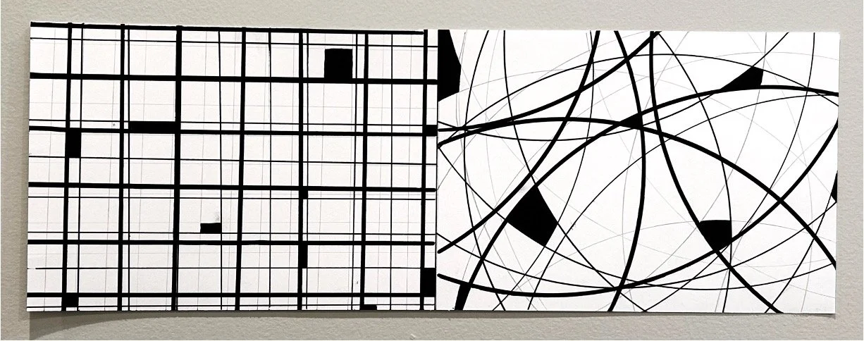 Abstract black and white geometric artwork with grid pattern on the left and intersecting lines on the right.