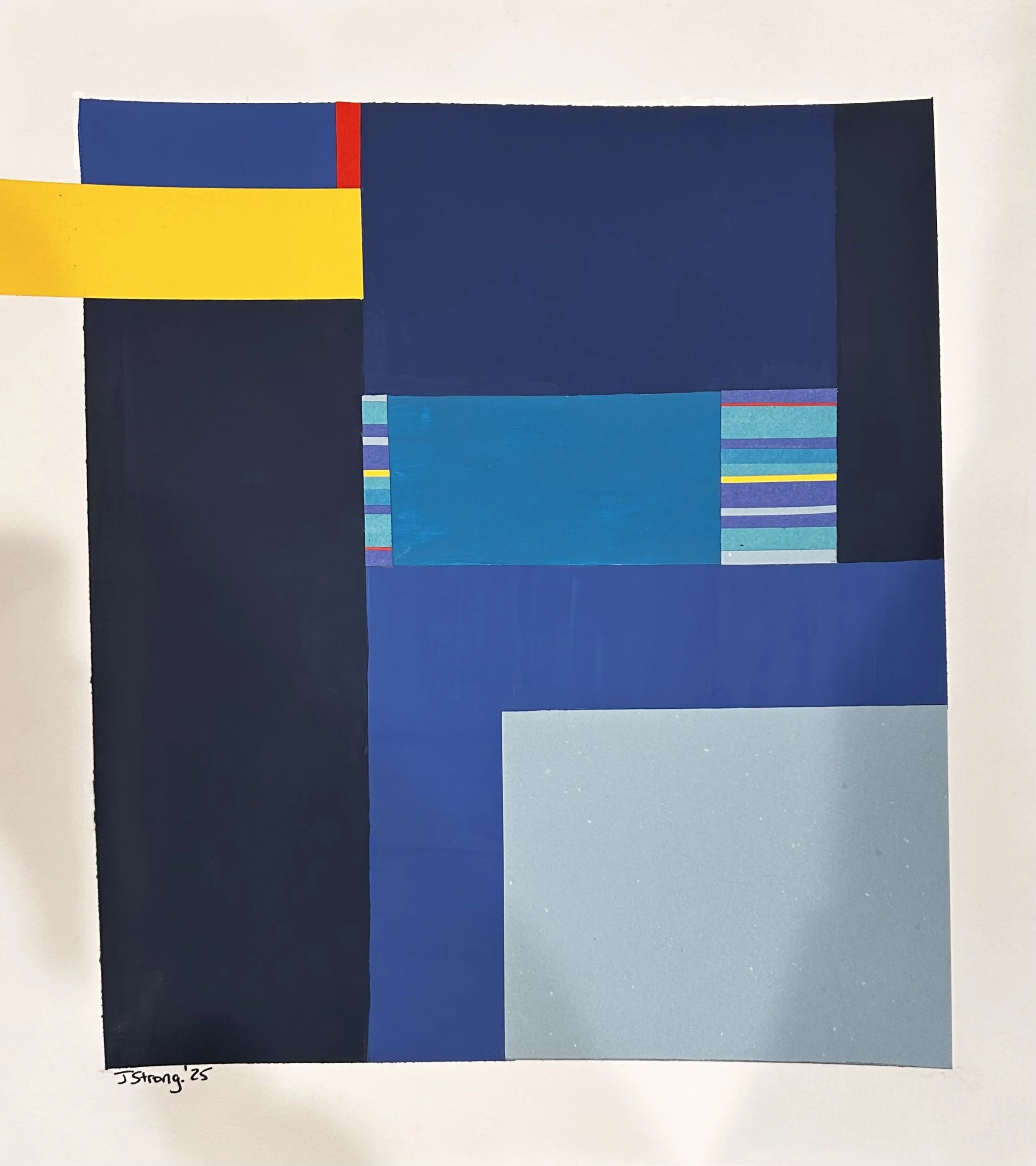 A color block painting with various rectangular and square shapes in blue, yellow, black, gray, and striped patterns, labeled 'J. Strong '75'.