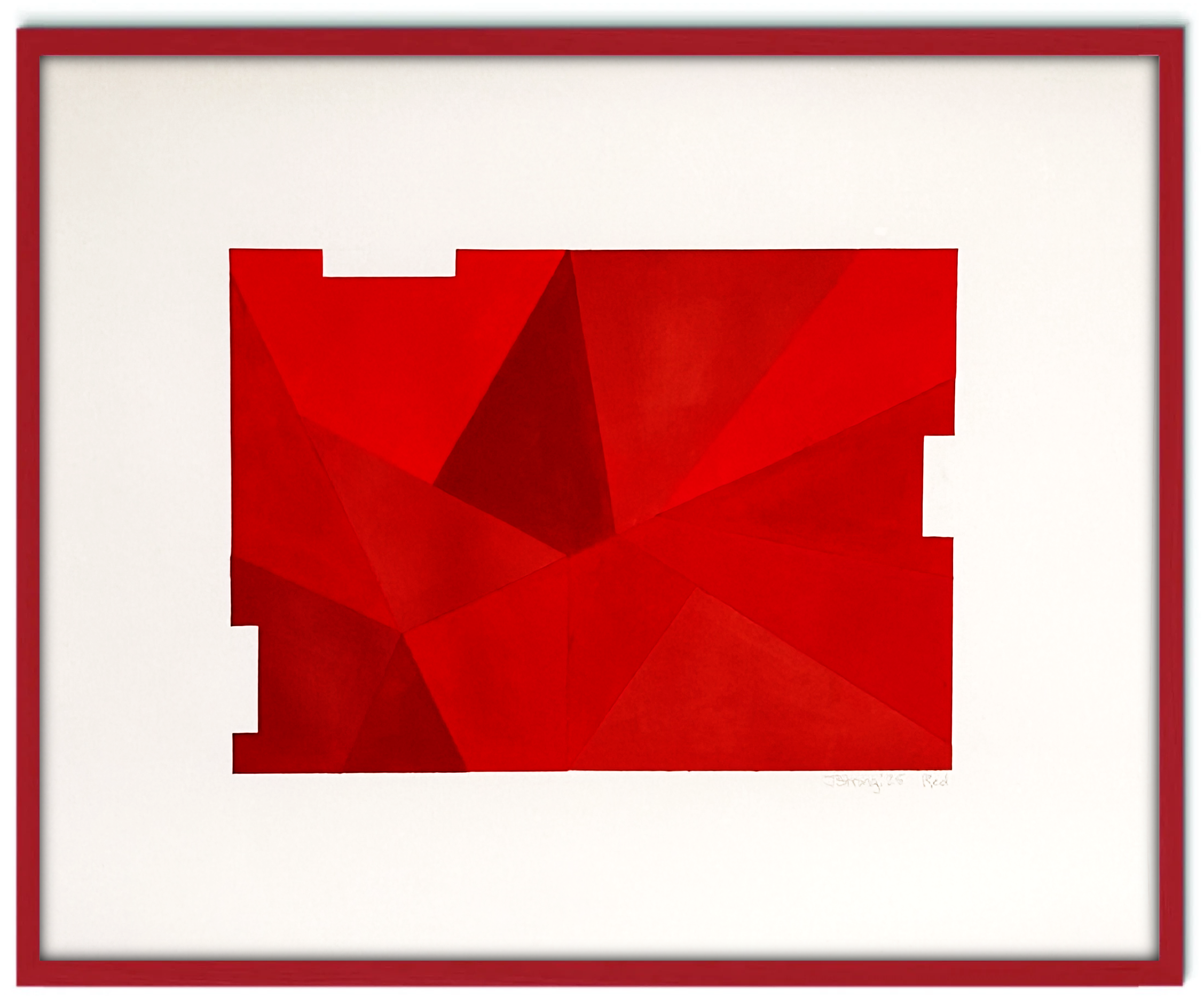 Geometric Abstraction. A red abstract geometric art piece with various shades and shapes, framed by a red border.