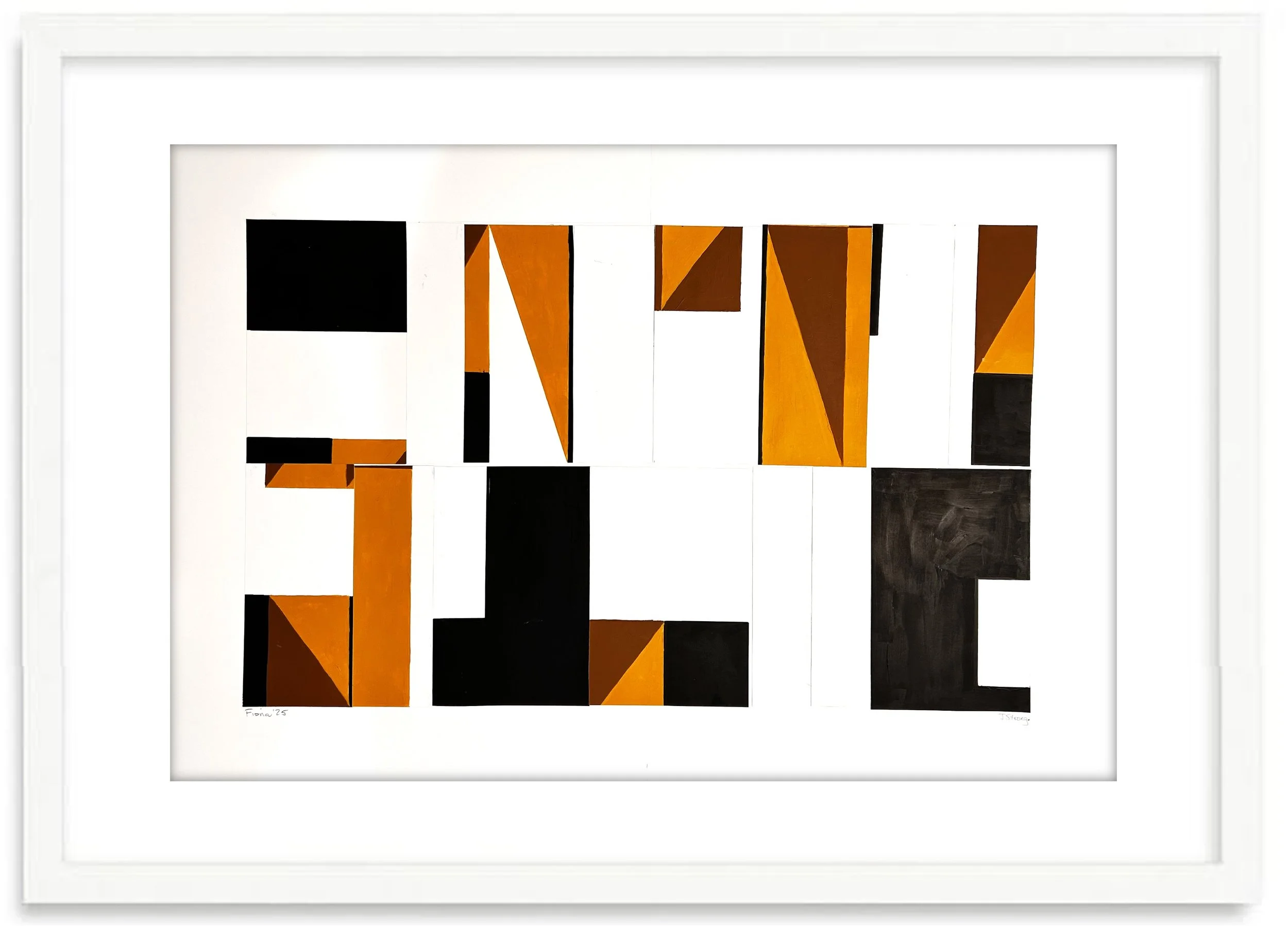 Abstract geometric artwork with black, orange, and brown shapes on a white background.