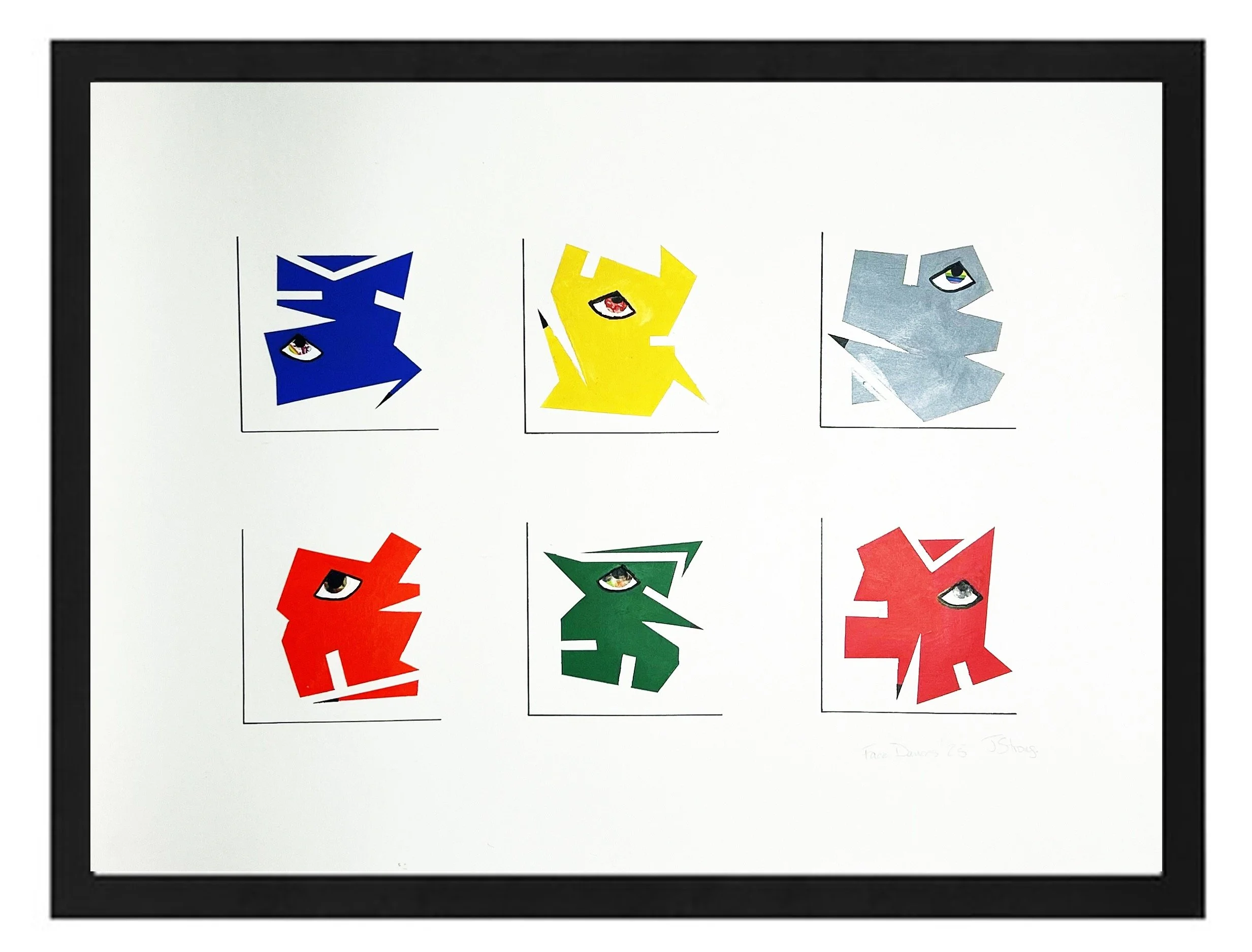 Geometric Abstraction. Colorful paper cutouts of dinosaur shapes with eyes, arranged on a white background within a black frame.