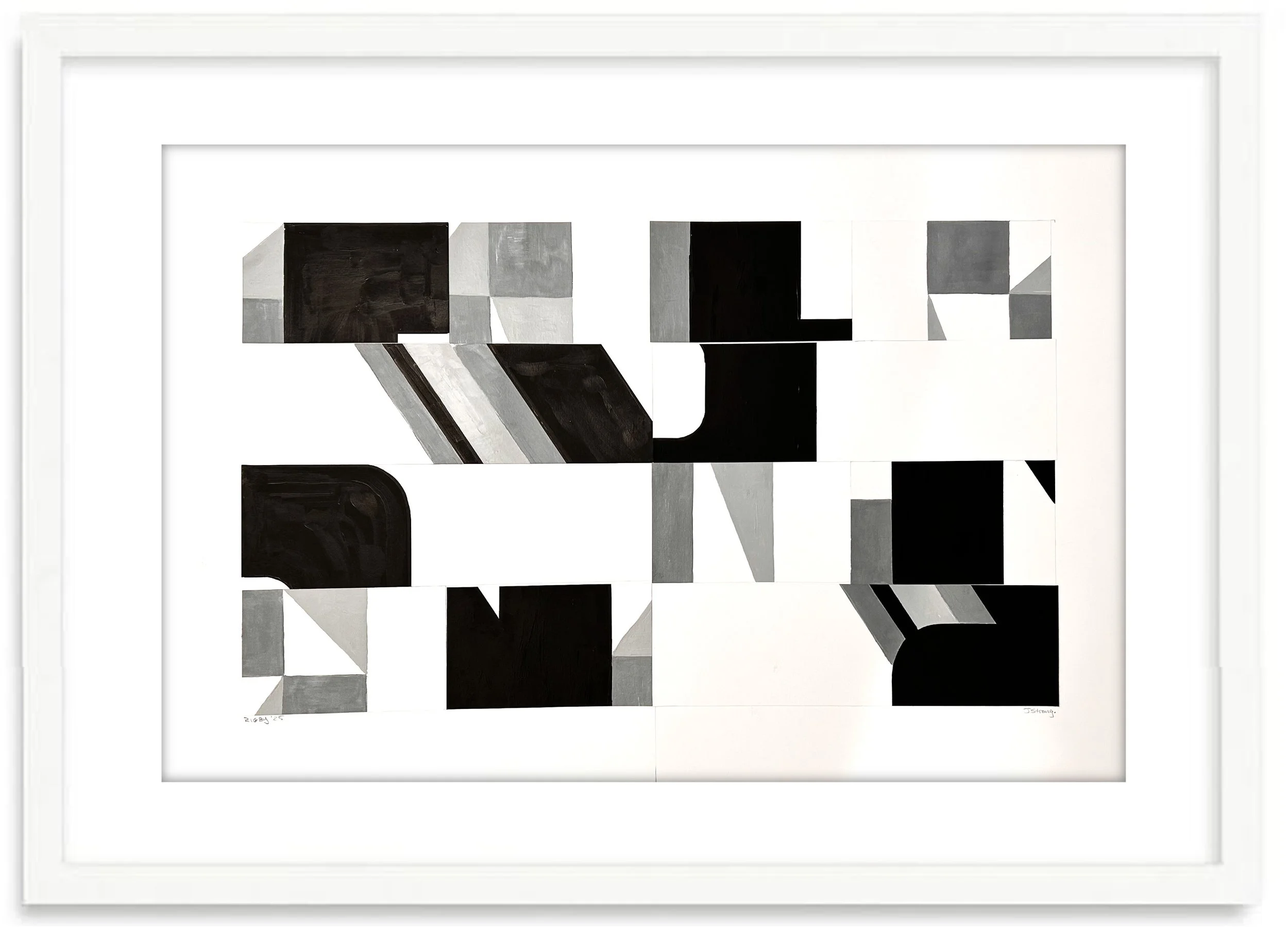 Abstract black, white, and gray geometric painting with squares, rectangles, and diagonal lines.