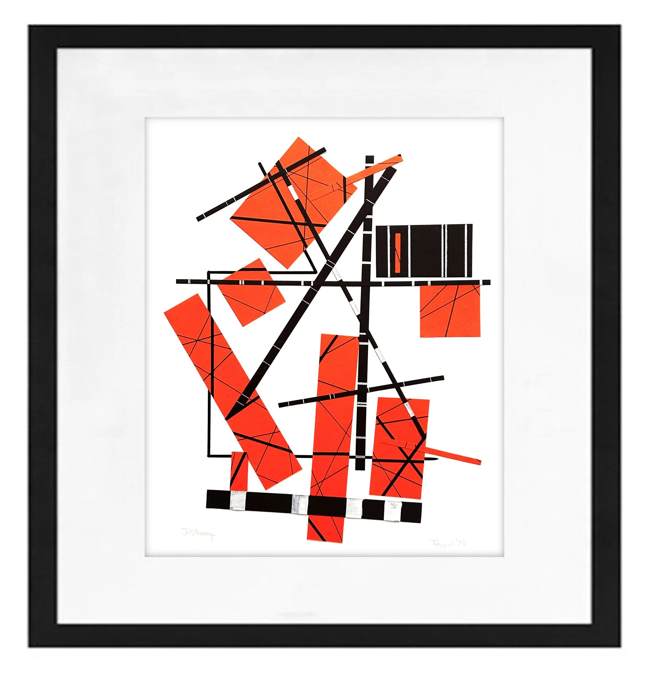 Abstract geometric art with orange, black, and white shapes framed with black border.