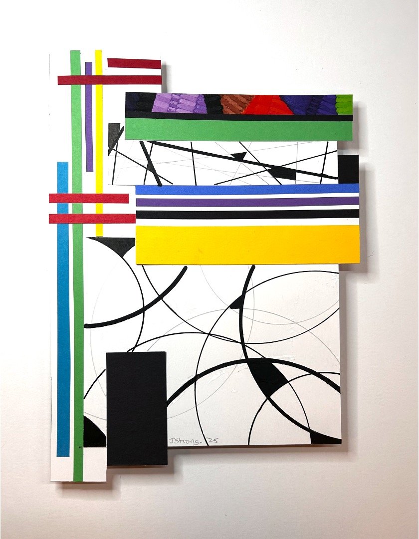 Abstract mixed media artwork with colorful stripes, black geometric lines, and a black rectangle on a white background.