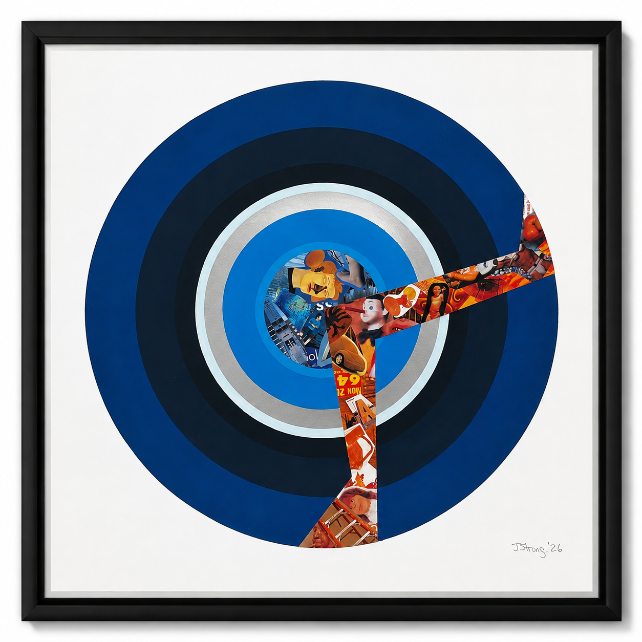 Geometric Abstraction. Optical illusion artwork with concentric circles and a dart shape filled with collage images, including animated characters, comics, and advertisements.