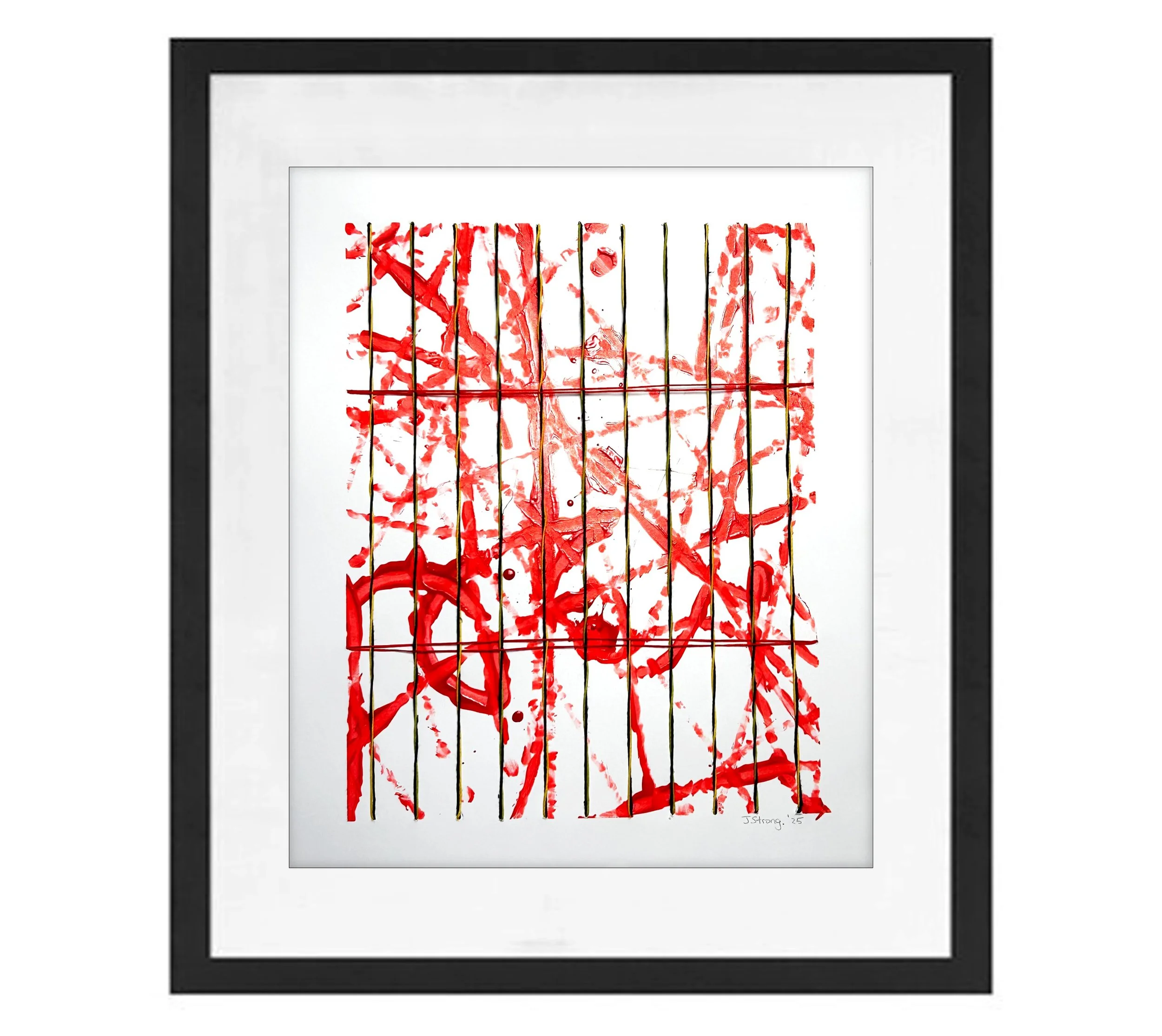 Geometric Abstraction. Abstract artwork with red paint splatters and drips behind a black grid, signed by J. Strong in 2023.