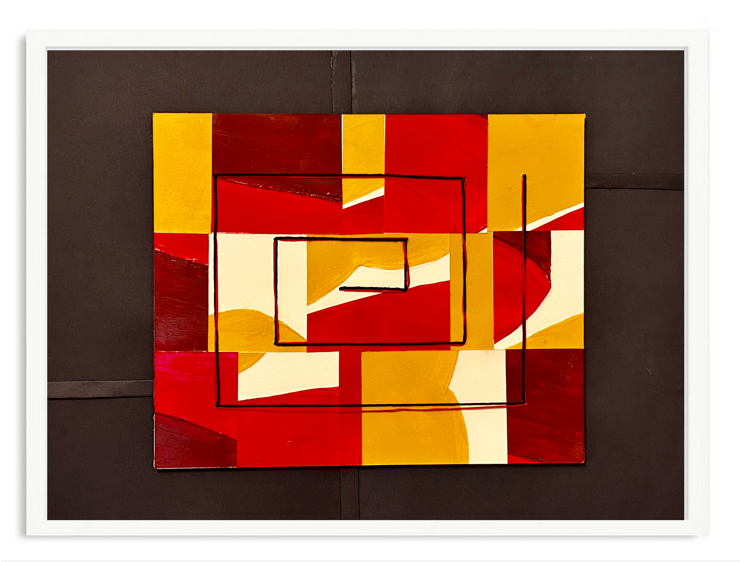 Colorful abstract painting with red, yellow, white, and brown geometric shapes and black outlines.