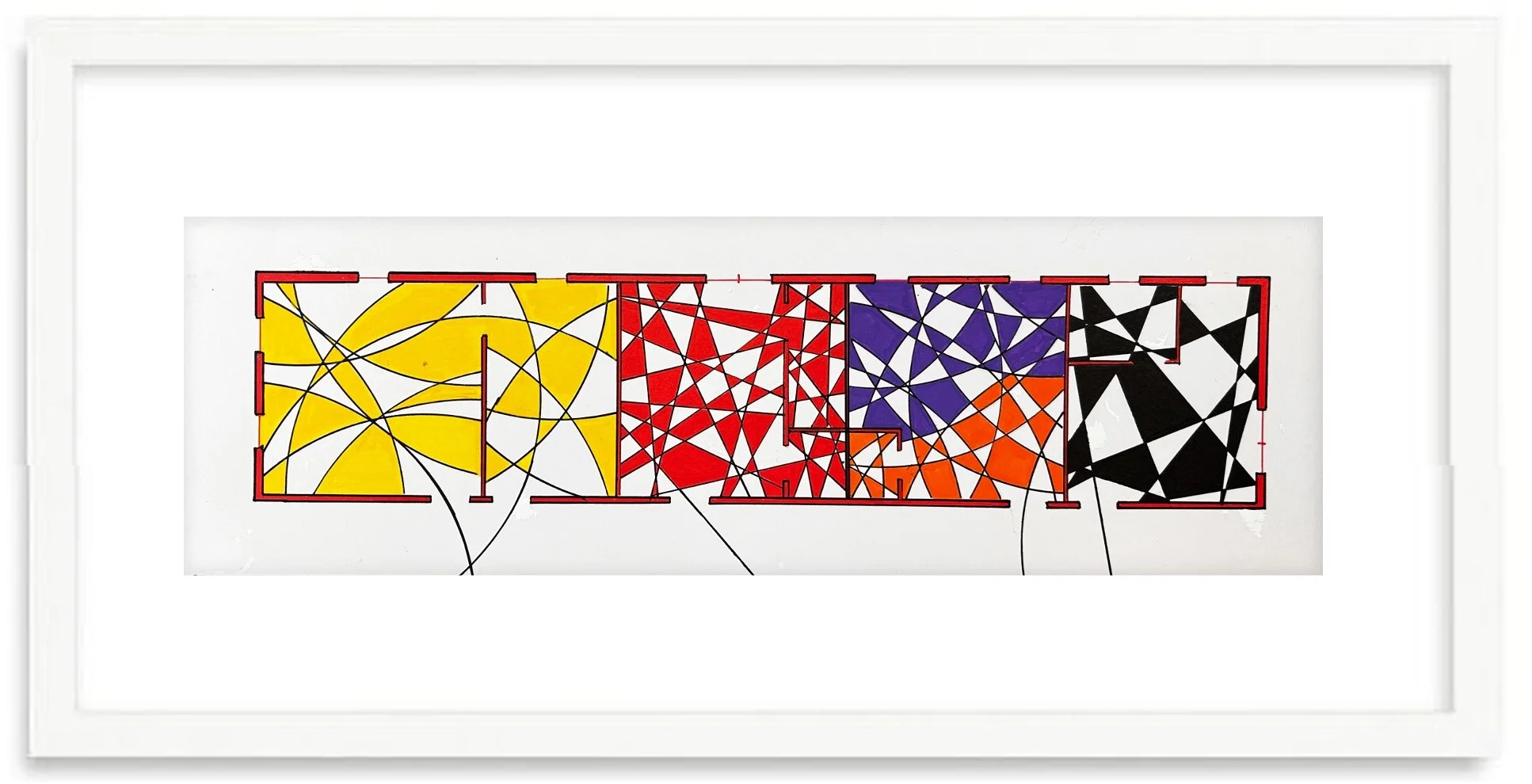 Abstract geometric artwork with interconnected lines and shapes in yellow, red, purple, black, and orange, enclosed in a white frame.