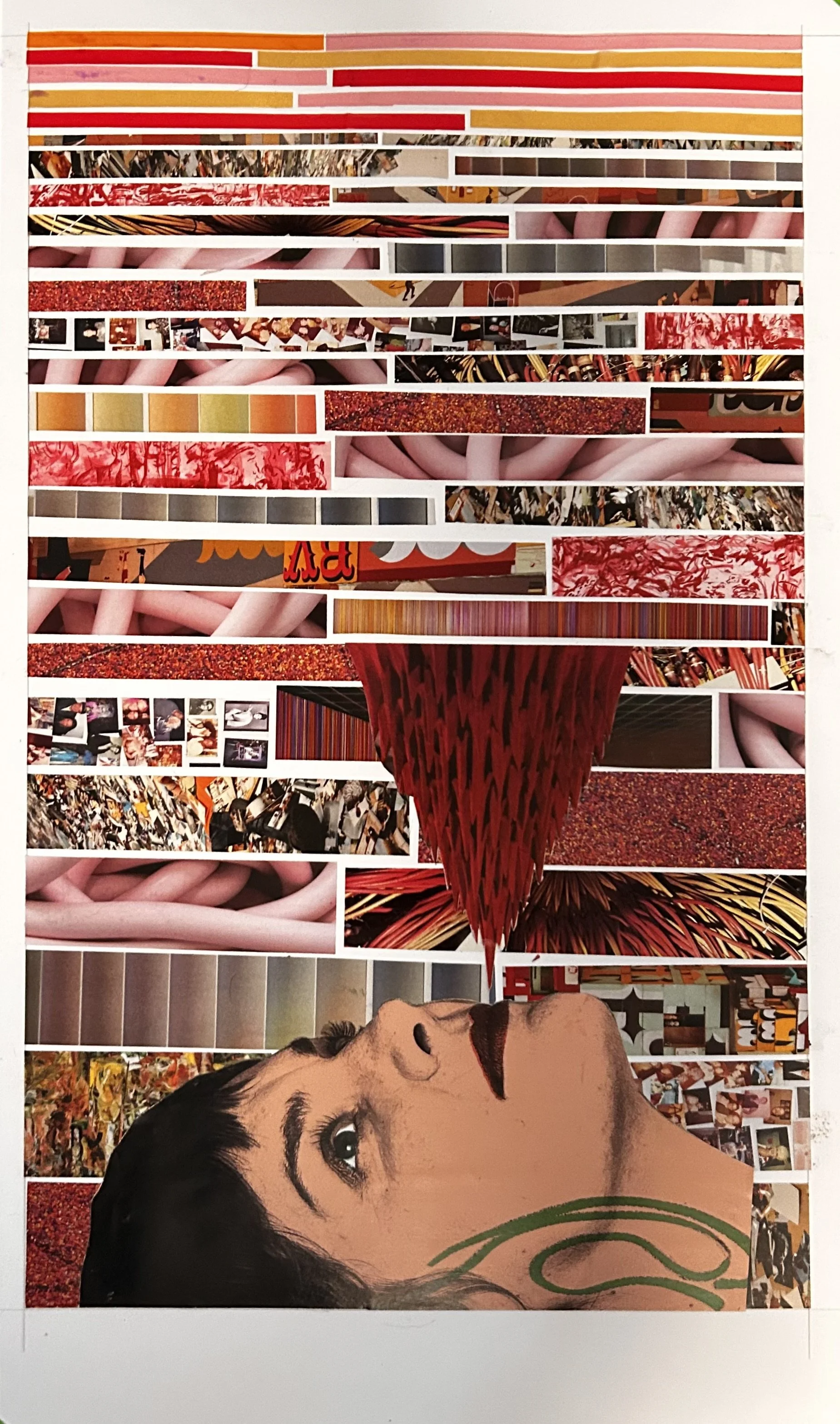 A collage artwork with a woman's face at the bottom and various abstract and photographic elements arranged in horizontal strips above. The woman's face is stylized with black hair, prominent eyebrows, and makeup, with a green swirl on her cheek. The