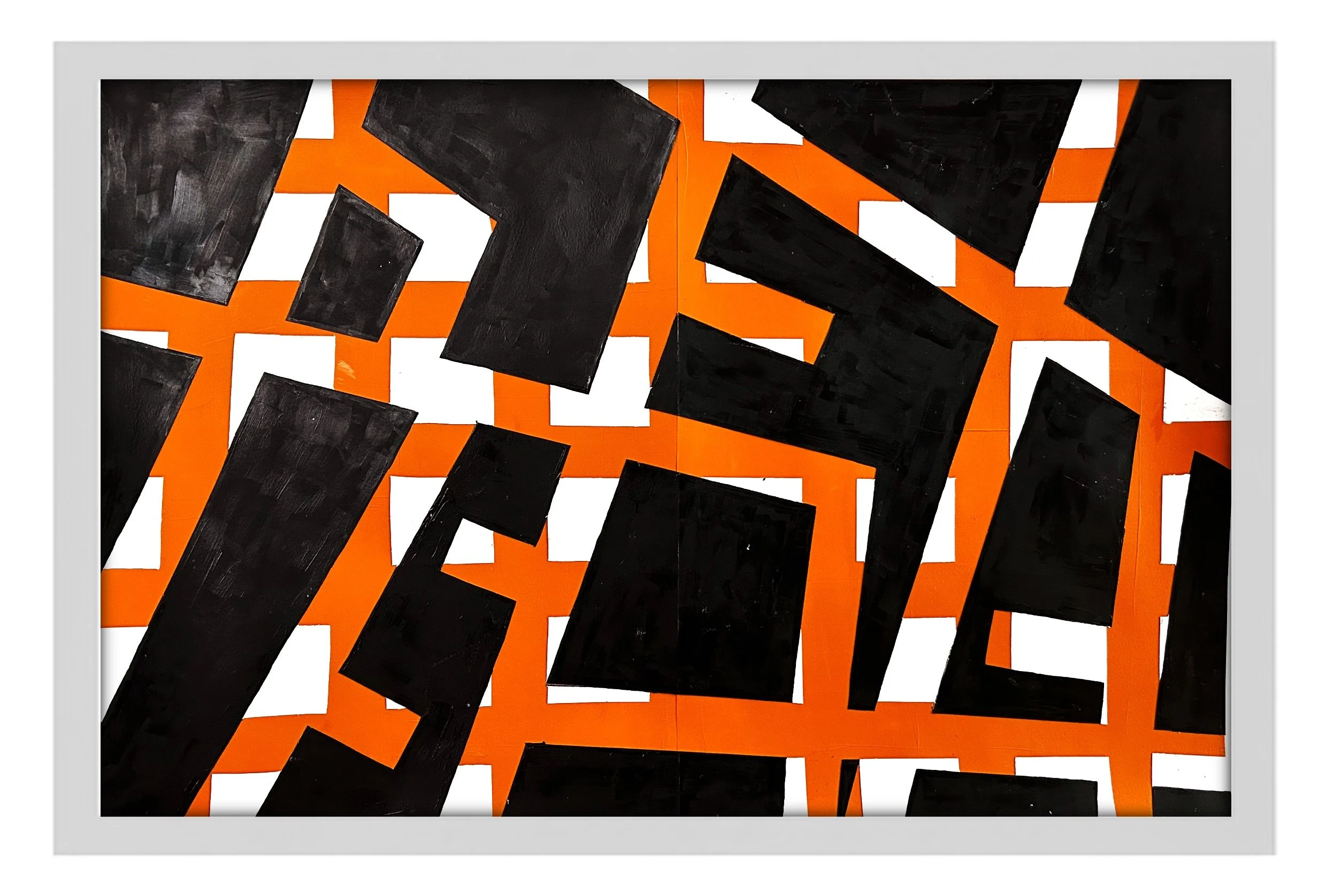 Abstract artwork with large black rectangles and orange grid background framed in white.