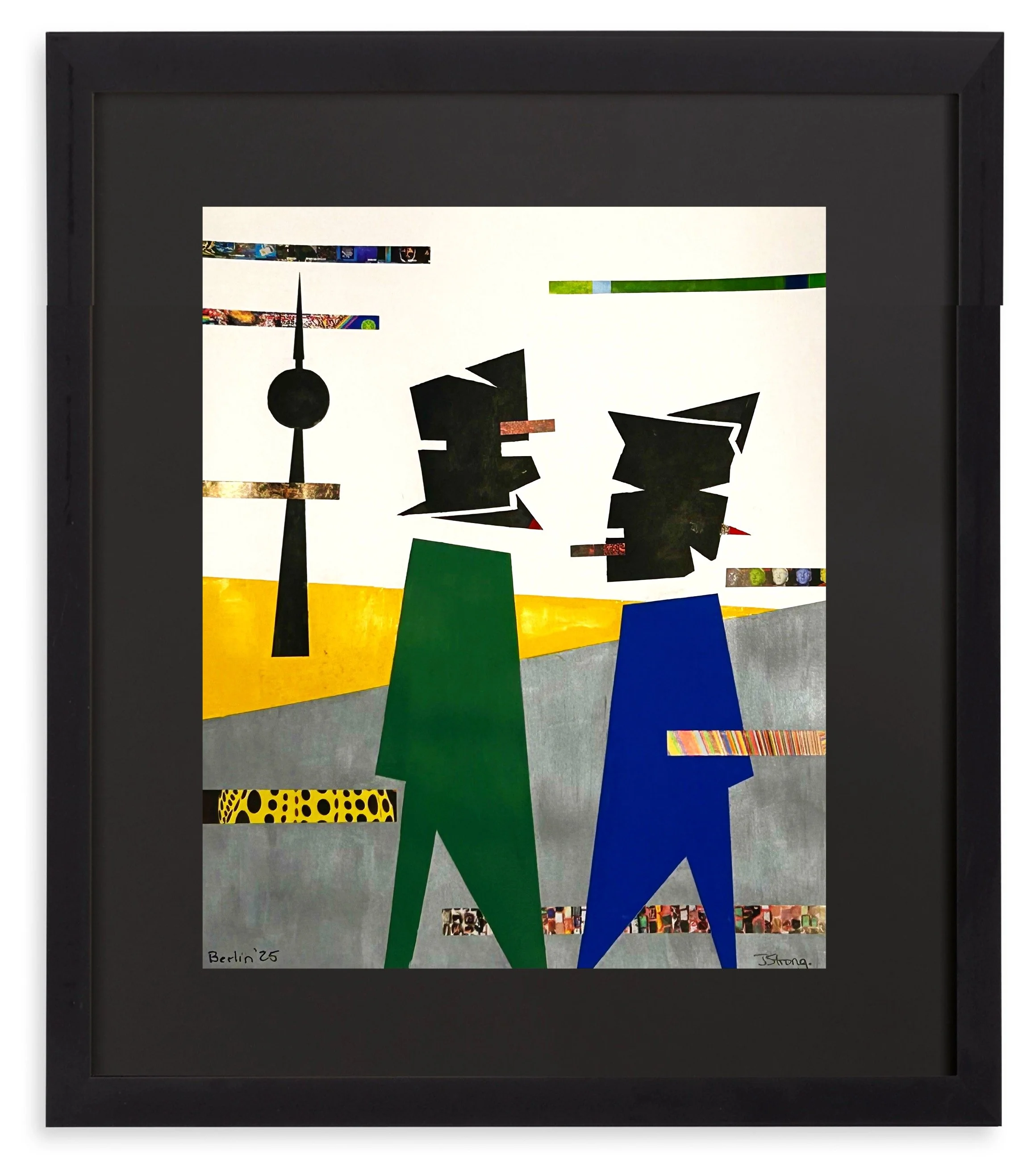Artwork featuring collaged abstract human profiles in black, green, and blue silhouettes set against a colorful background with various patterned strips, with the handwritten text 'Berlin '25' and 'Strong' at the bottom.