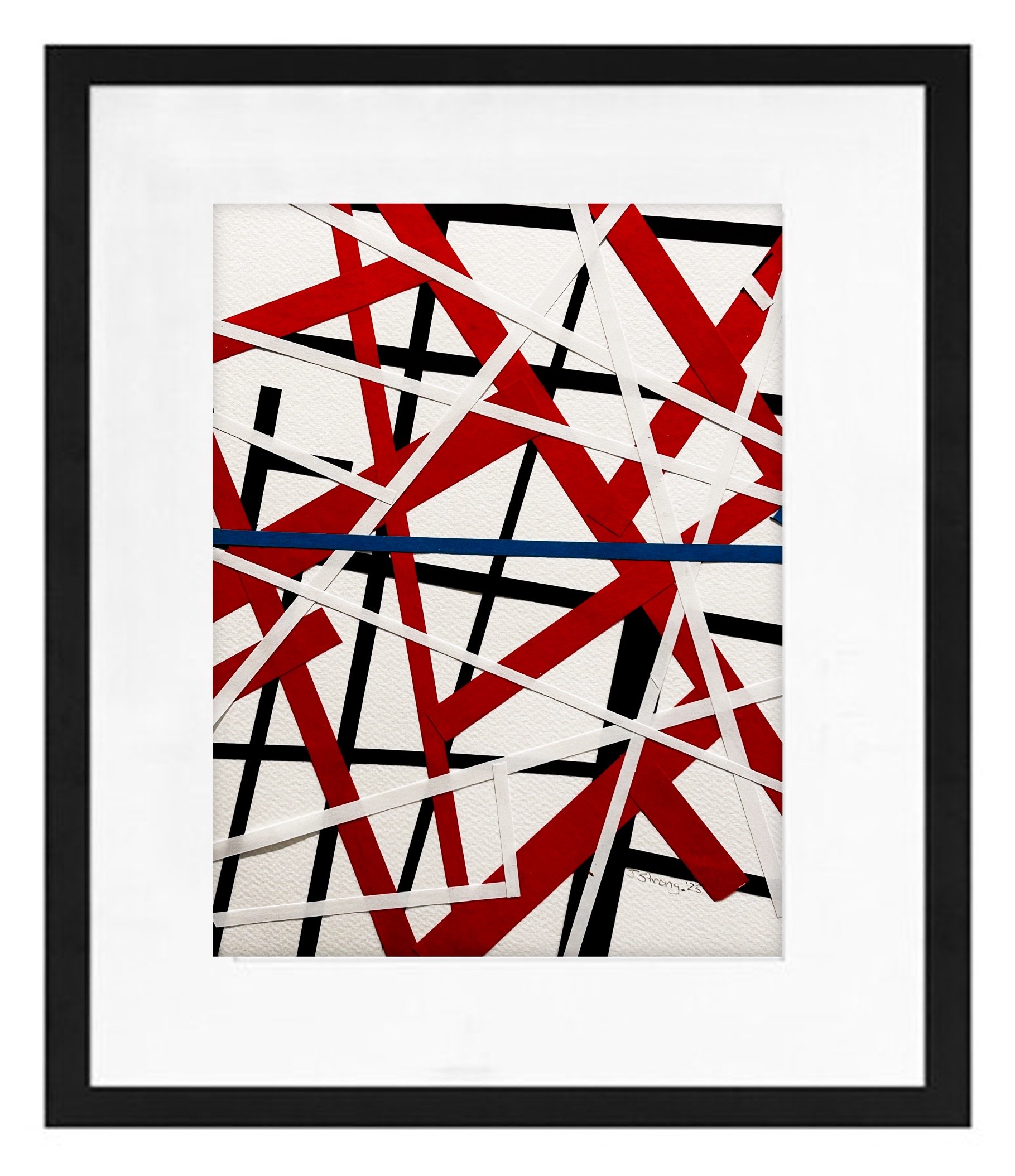 Abstract artwork with intersecting red, black, and white lines on textured white paper, framed in black.
