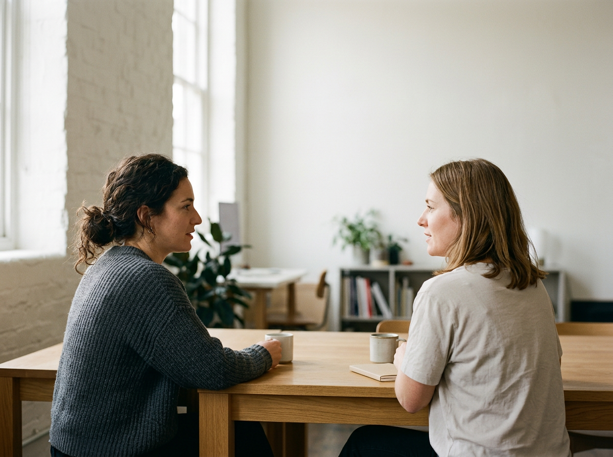 Two women sitting across from each other at a wooden table, having a conversation in a bright, minimalistic office or home setting.