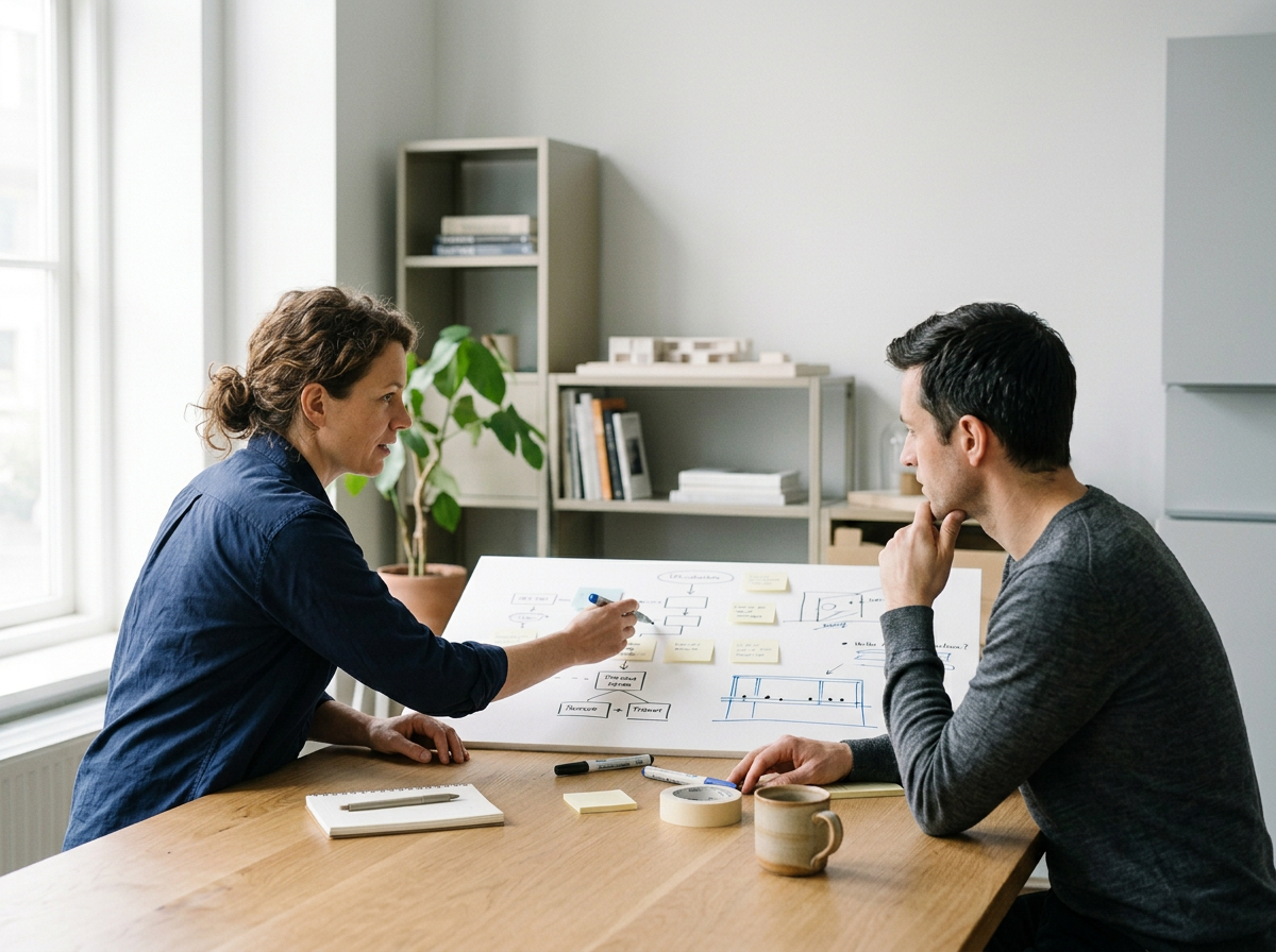 Two people sitting at a wooden table, discussing a presentation with paper, sticky notes, and a marker on the table, in a bright office with shelves and a window.