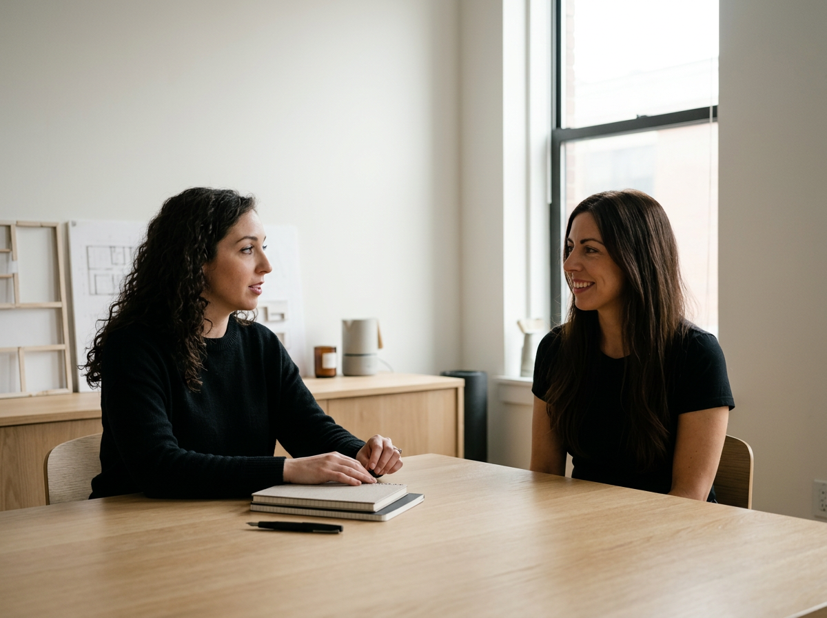 Two women sitting across from each other at a wooden table, smiling and talking, in a bright office space with a window.