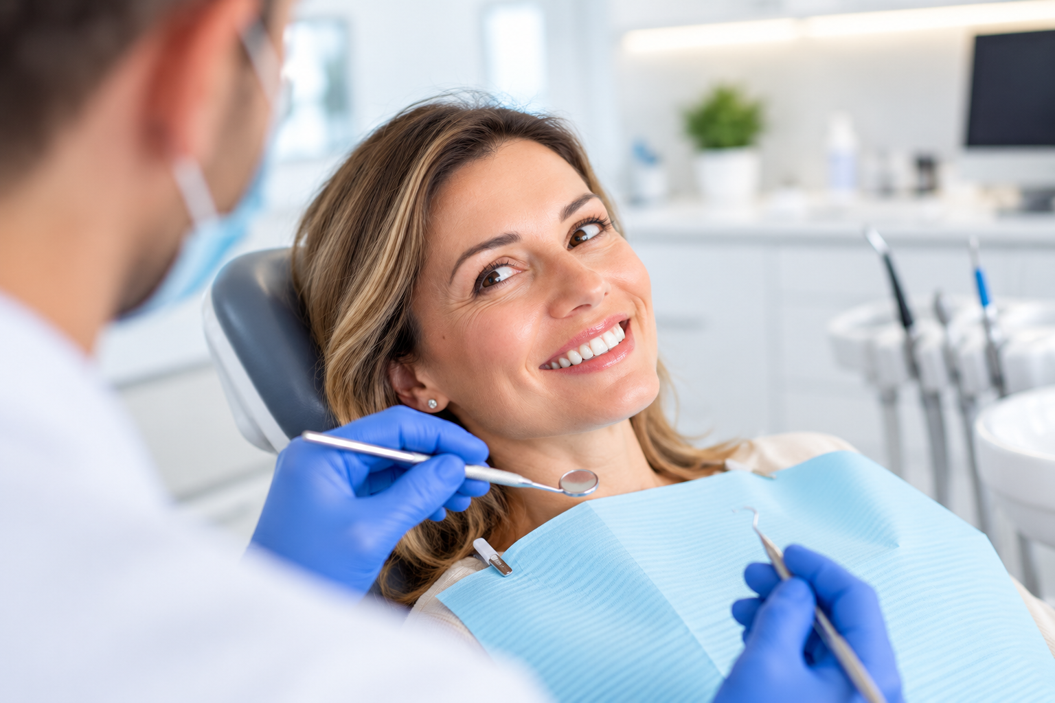 A woman at the dentist's office smiling while a dentist, wearing blue gloves and a face mask, examines her teeth with dental tools.