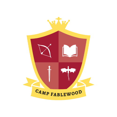 A shield emblem with a gold crown on top, divided into four quadrants. The top left has a bow and arrow, the top right has an open book, the bottom left has a sword, and the bottom right has a dragon. A yellow banner with black text reads 'CAMP FABLEWOOD' beneath the shield.