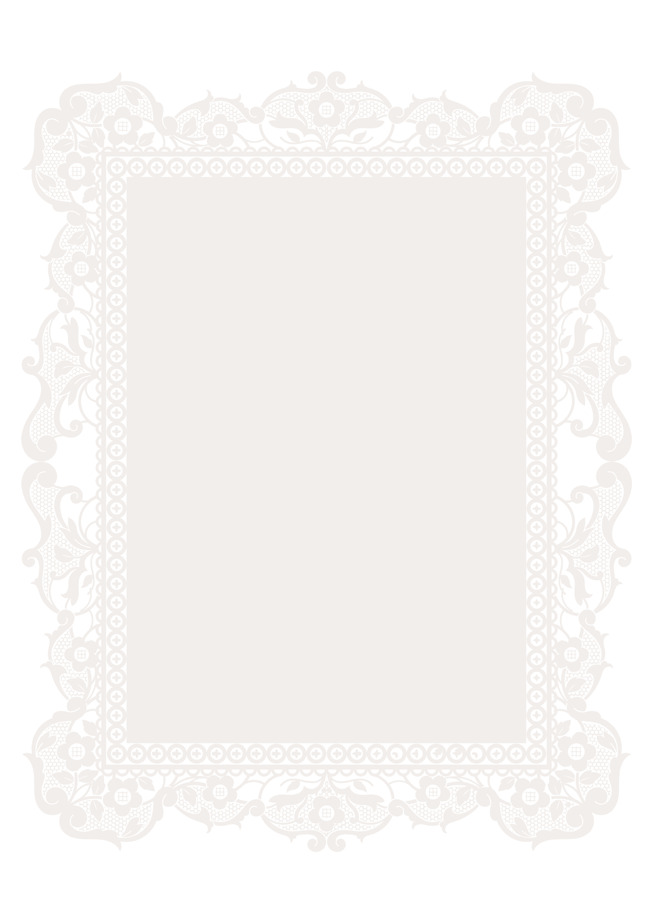 A close-up of a decorative paper or fabric with an intricate white lace pattern border on a black background.