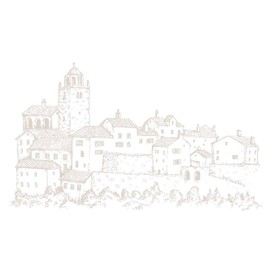 Line drawing of a village with multiple houses, a church with a bell tower, and surrounding greenery, on a black background.