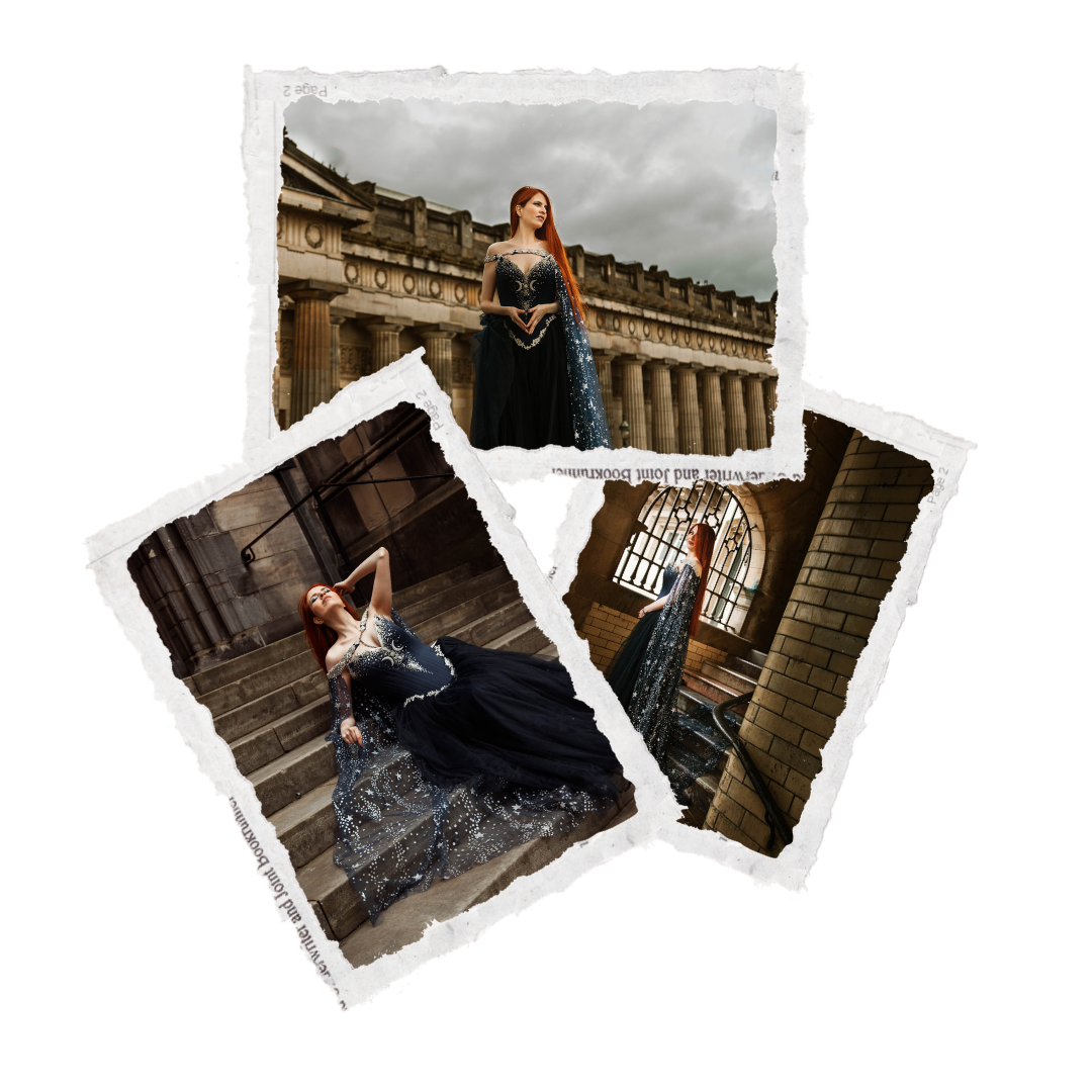A woman in a black gown with star decorations, with red hair, in three different settings: outdoors with classical columns and cloudy sky, sitting on stone stairs indoors with brick walls, and standing by a barred window in a brick-walled room.