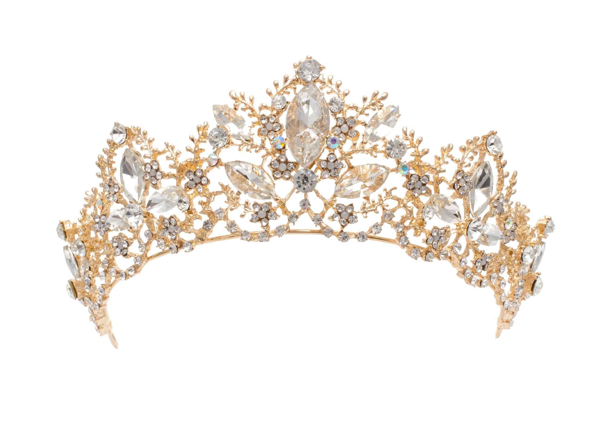 A gold tiara decorated with large clear gemstones and smaller floral and circular accents.