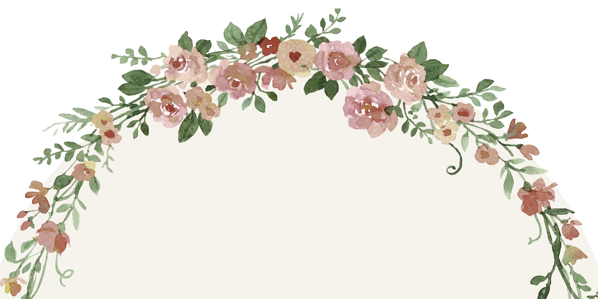 Watercolor floral border with pink and beige flowers and green leaves