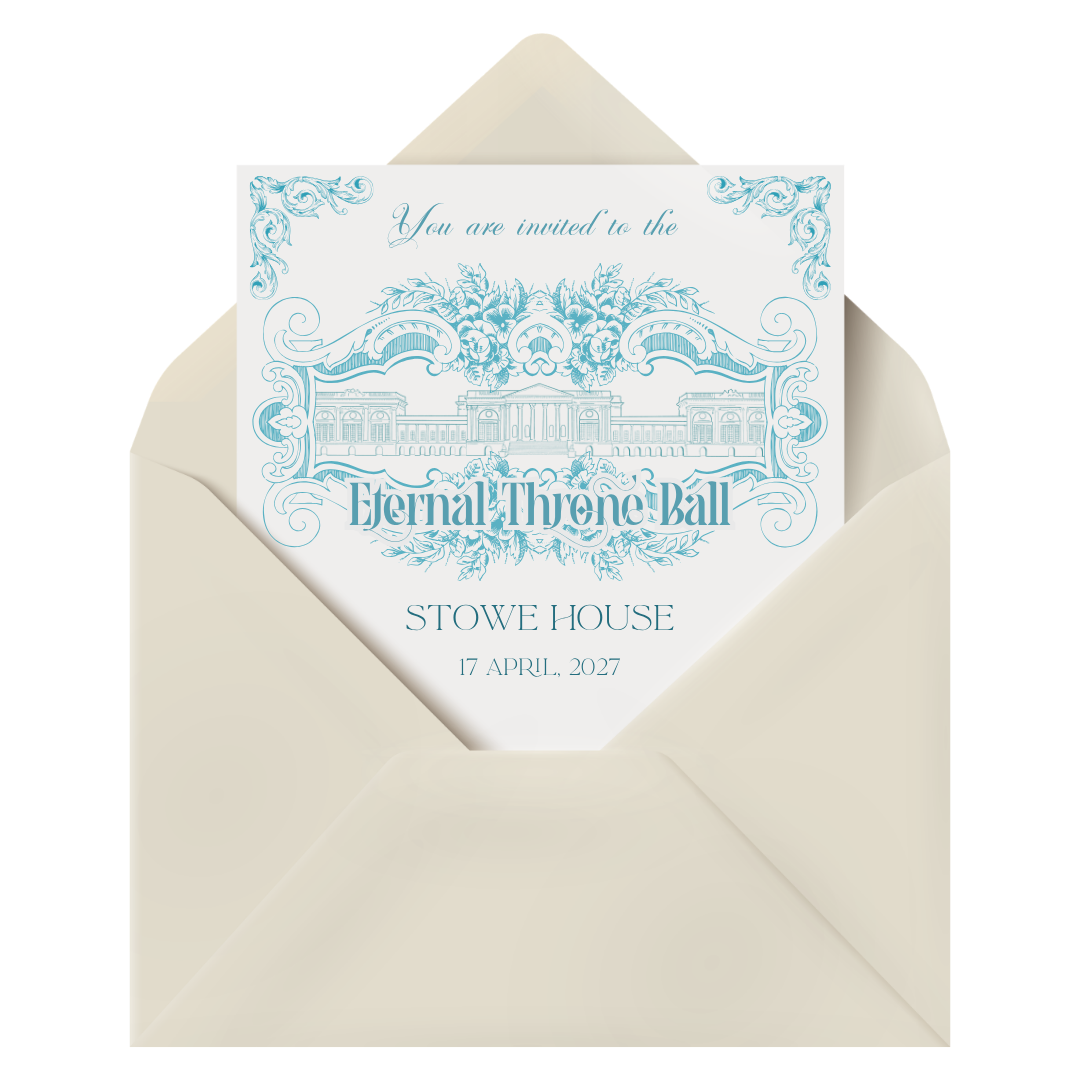 Invitation card for the Eternal Throne Ball at Stowe House, dated April 17, 2027, inside a cream-colored envelope.