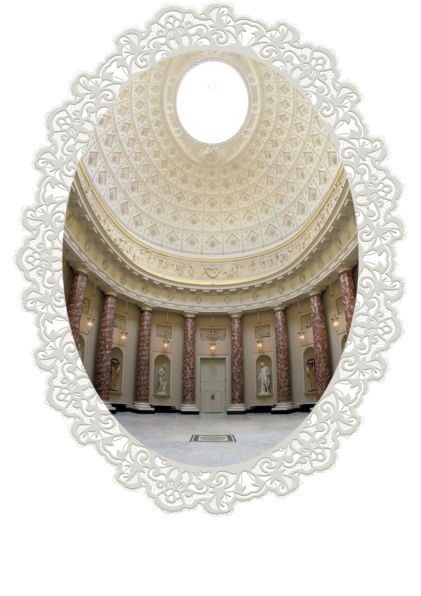 Interior view of grand neoclassical rotunda with ornate ceiling, marble columns, sculptures, and decorative lighting fixtures.