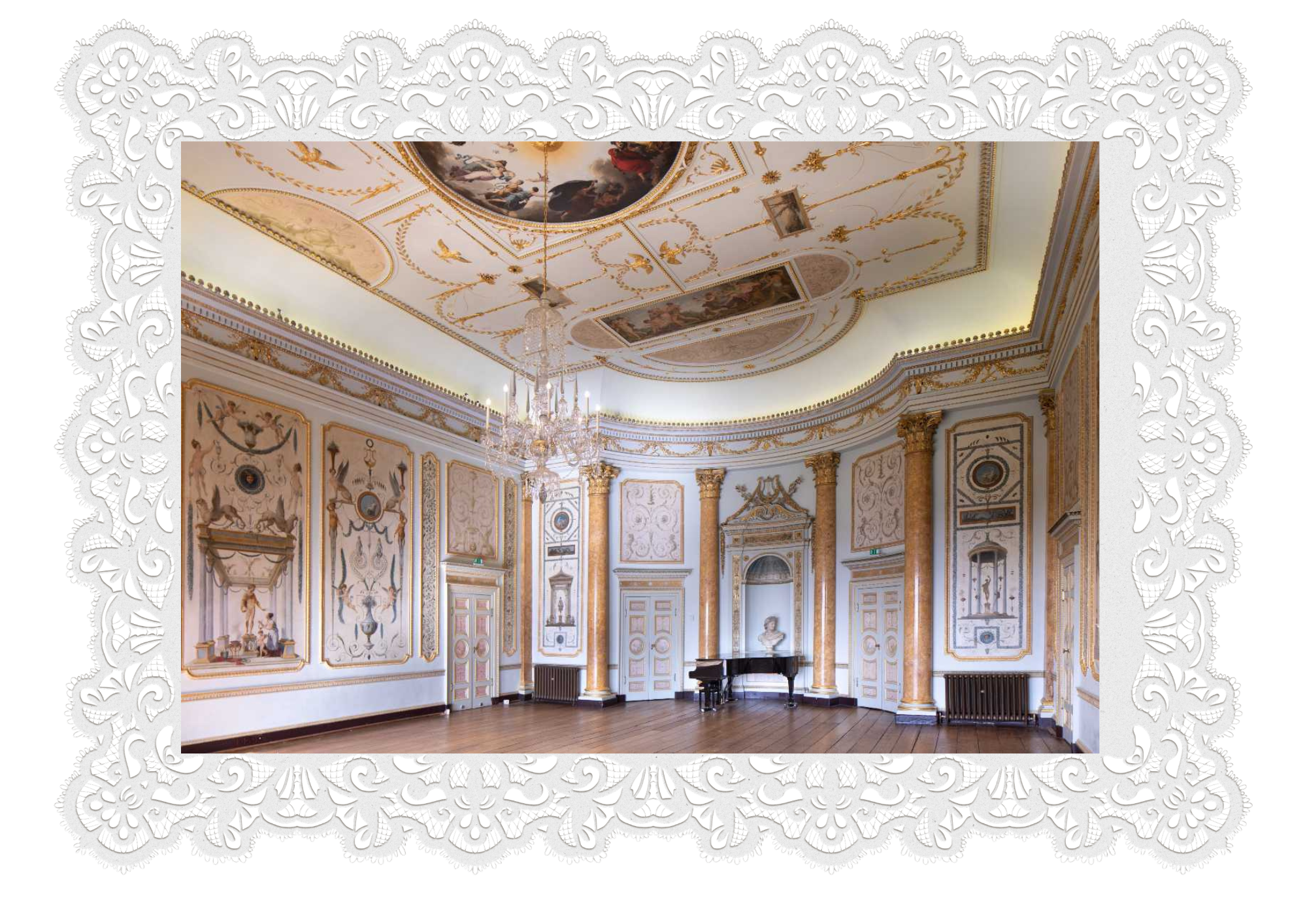 A grand, ornate room with a white ceiling decorated with gold accents and painted murals, featuring a black grand piano and a large crystal chandelier.