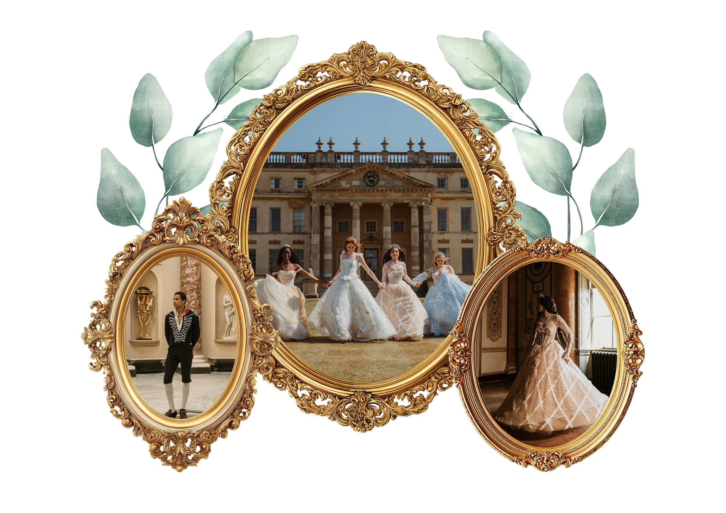 A photo of a grand building with a clock, taken through an ornate gold framed mirror. The reflection shows a women’s fashion show with models in elaborate dresses walking outdoors. The ornate gold frame has decorative leaves and scrolls, with pale green leaves around the top.