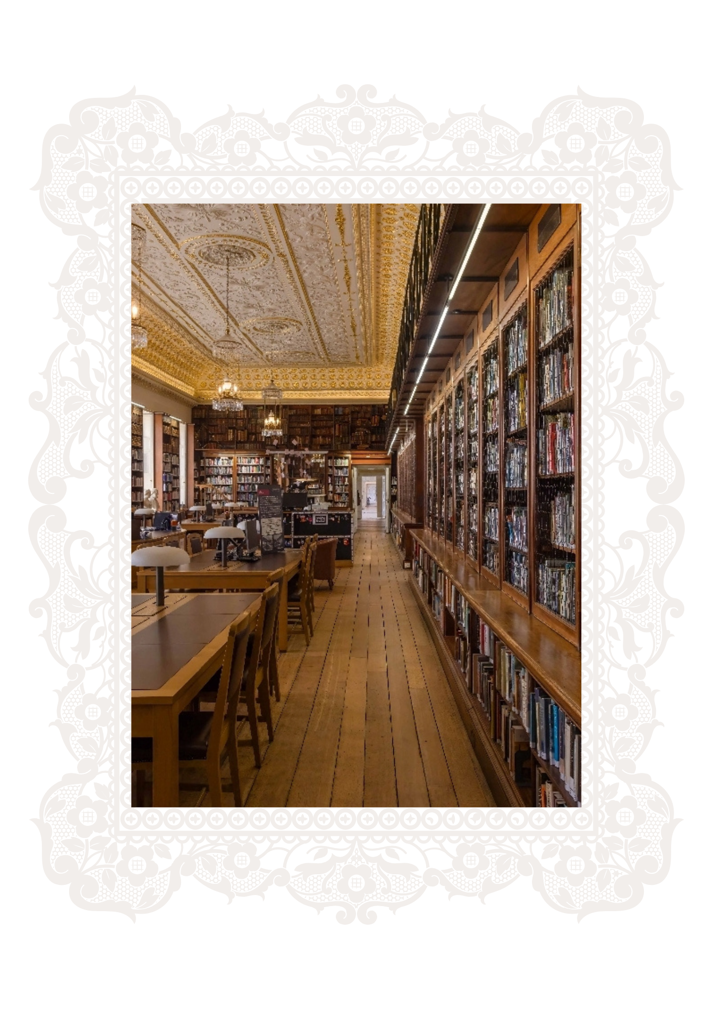 A historic library with ornate gold and white ceiling, wooden bookshelves filled with books, and wooden tables and chairs for reading.