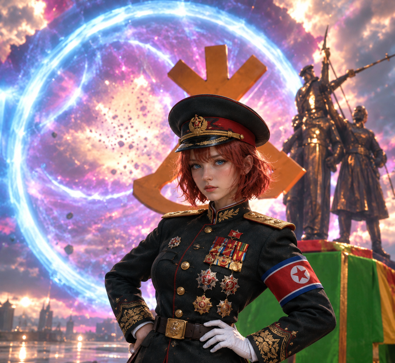 A young woman dressed in a military uniform with medals and a cap. She stands confidently with her hands on her hips in front of a large glowing background resembling a cosmic explosion or nebula. There is a statue of three soldiers in the background, and a large colorful gift box is visible below.