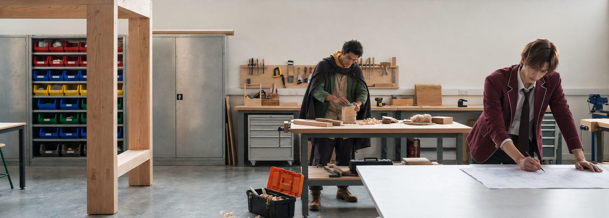 Two young men working in a woodworking workshop, one cutting wood at a table and the other reviewing plans.